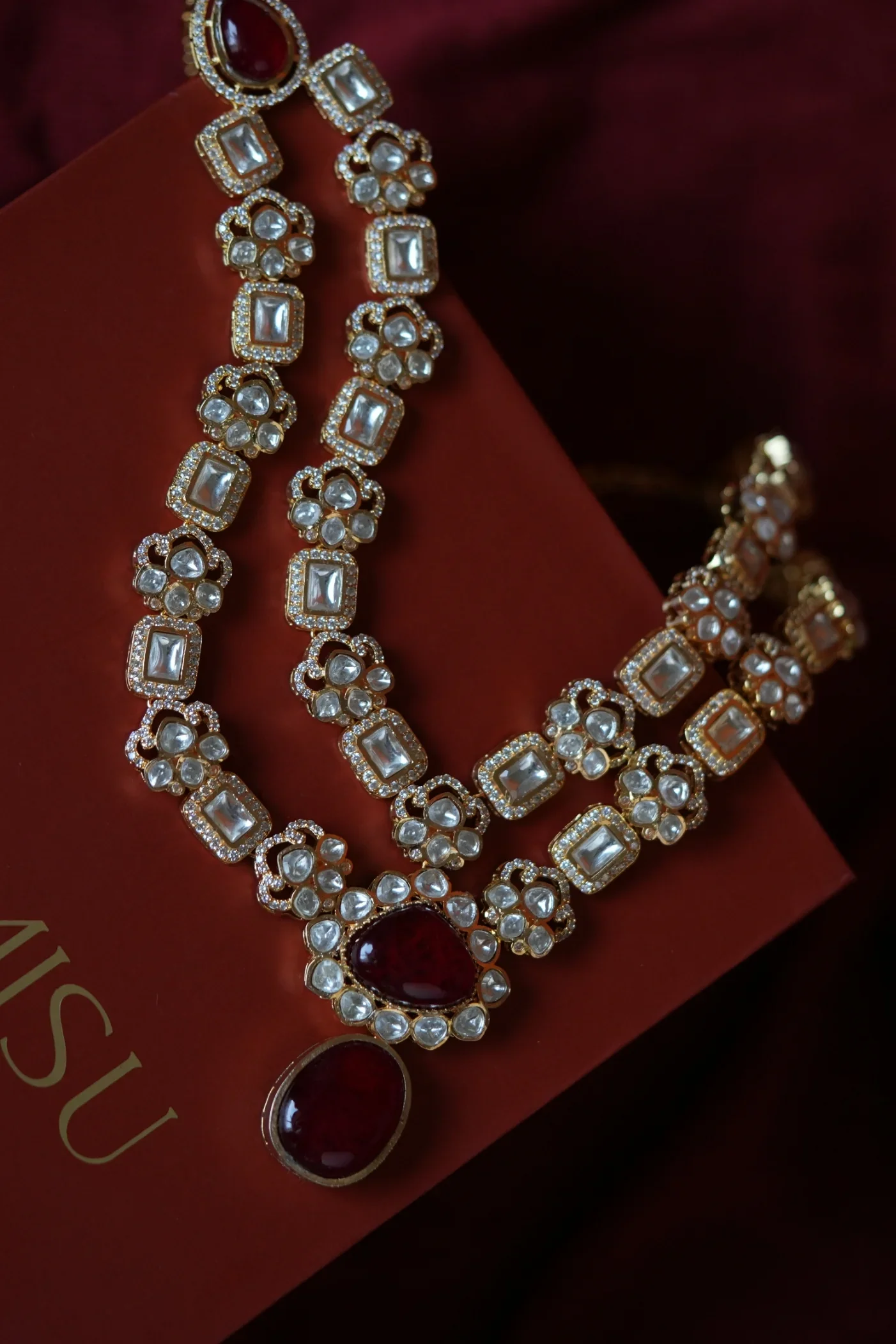 Simpy Bridal Faux Polki Double Layer Necklace With Semi Precious Ruby Stone And Heavy Earrings - Image 3