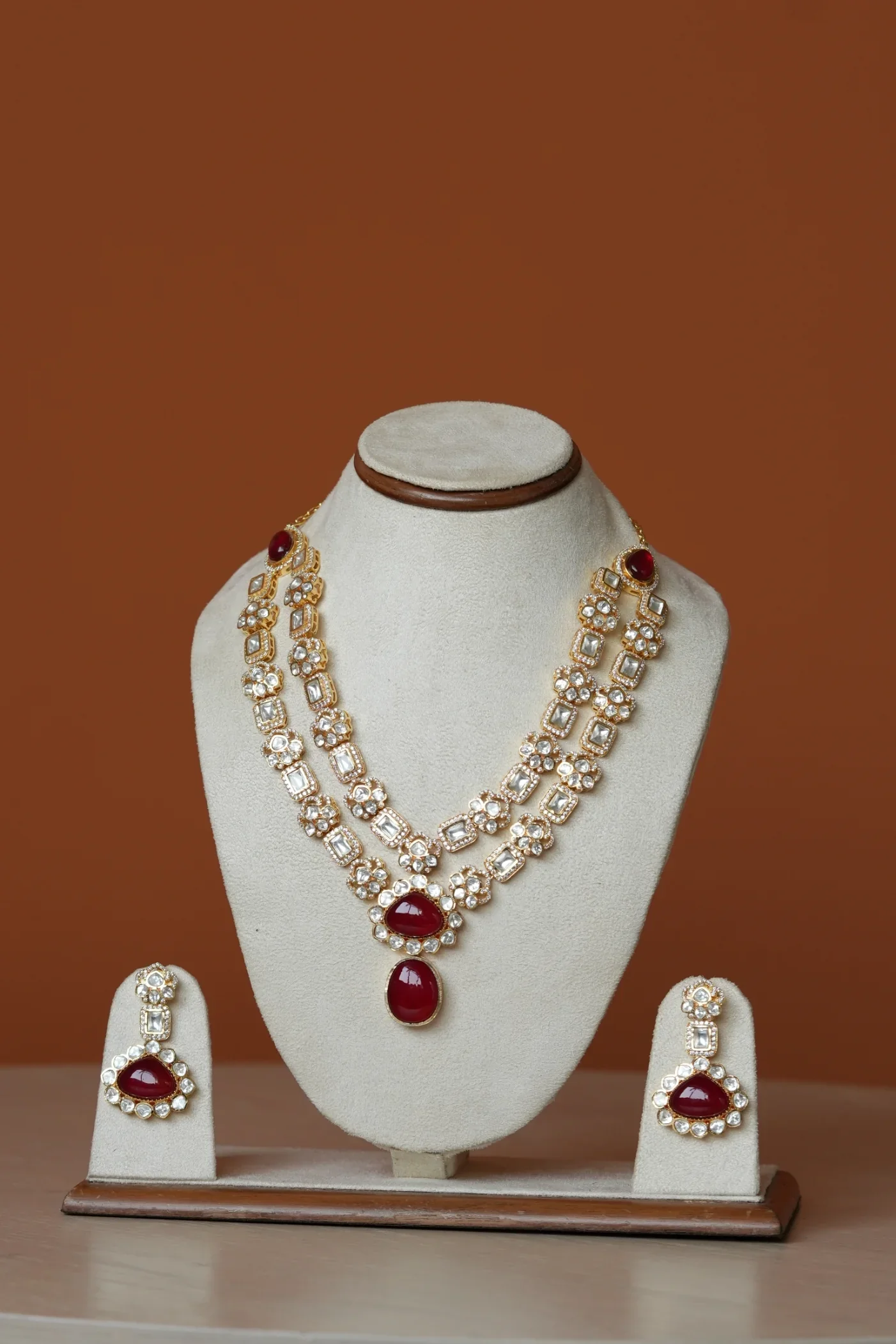 Simpy Bridal Faux Polki Double Layer Necklace With Semi Precious Ruby Stone And Heavy Earrings - Image 4
