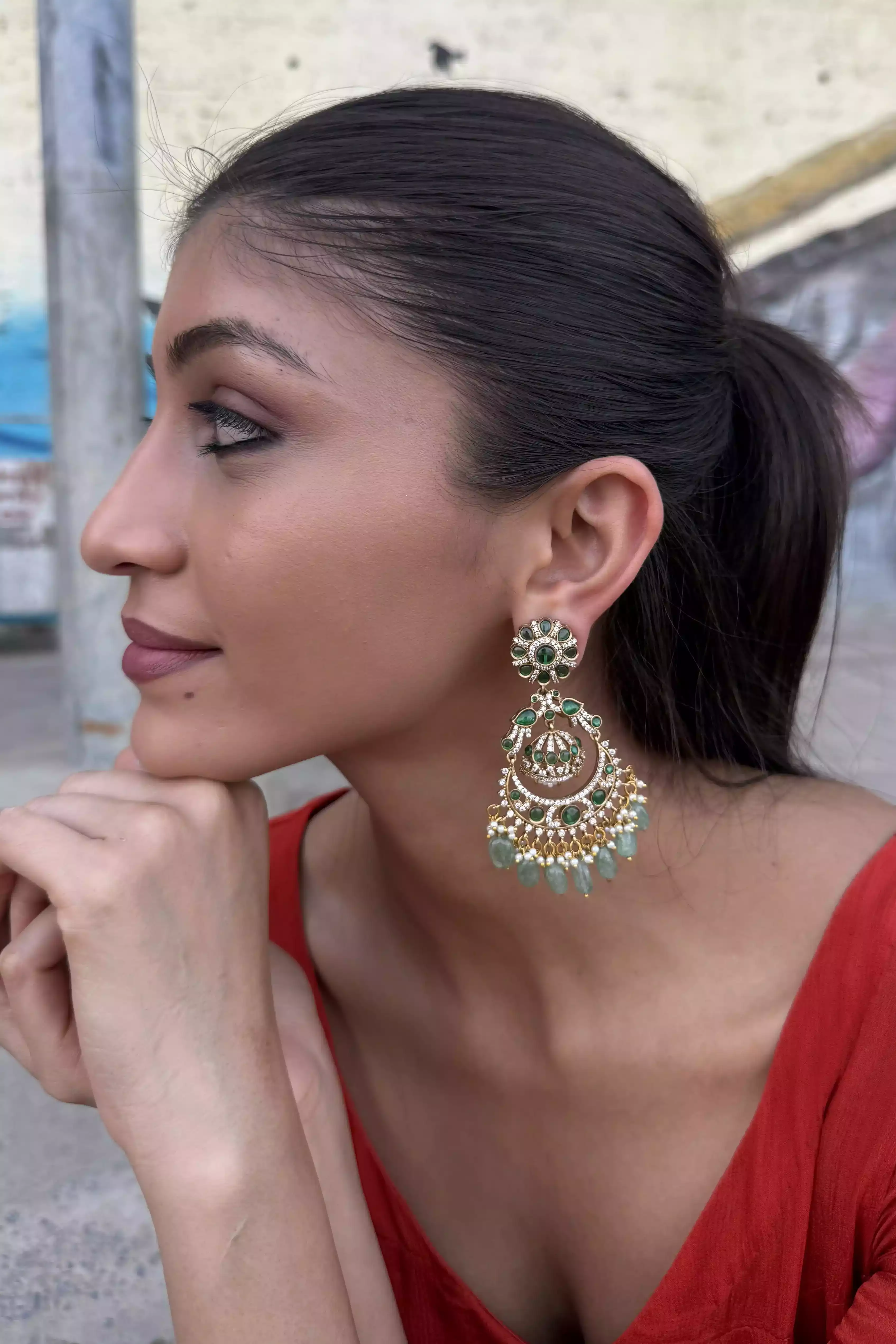 Charu Crescent Ghat Emerald Chandbali Earrings - Image 3