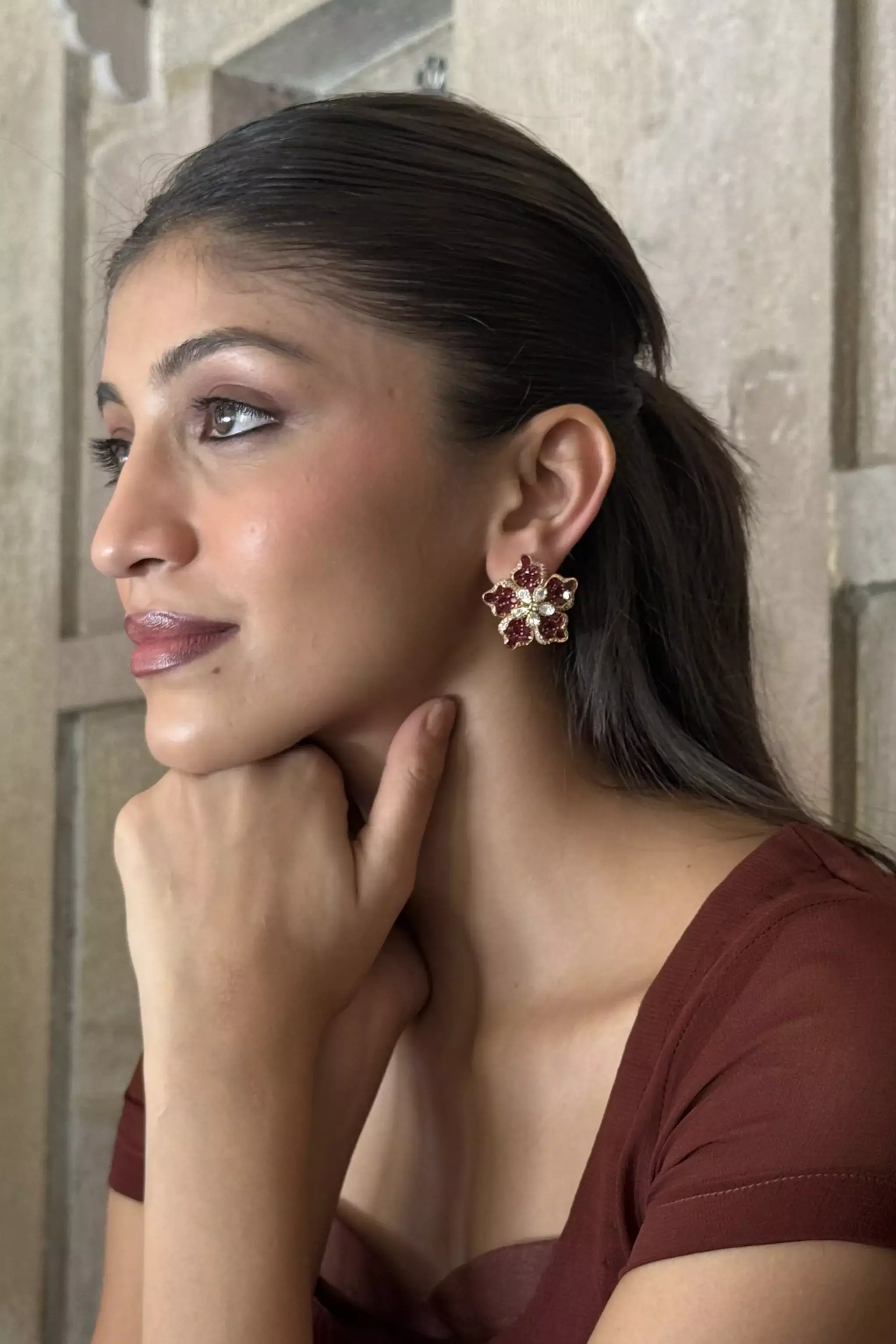 Charmi Crimson Lotus Polki Ruby Stud Earrings - Image 2