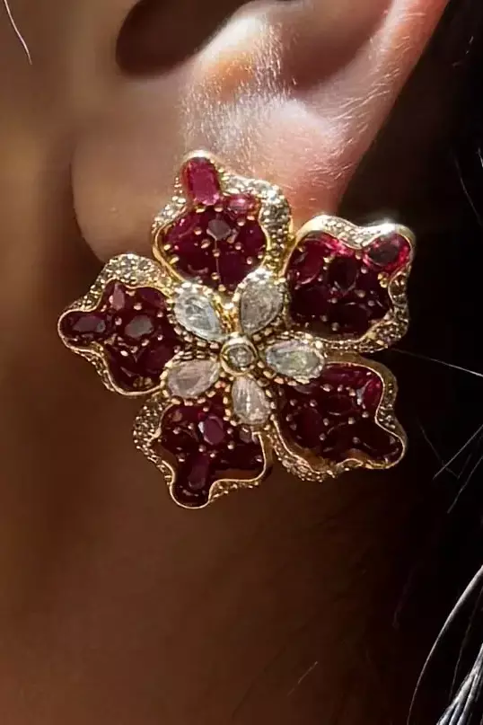 Charmi Crimson Lotus Polki Ruby Stud Earrings - Image 3