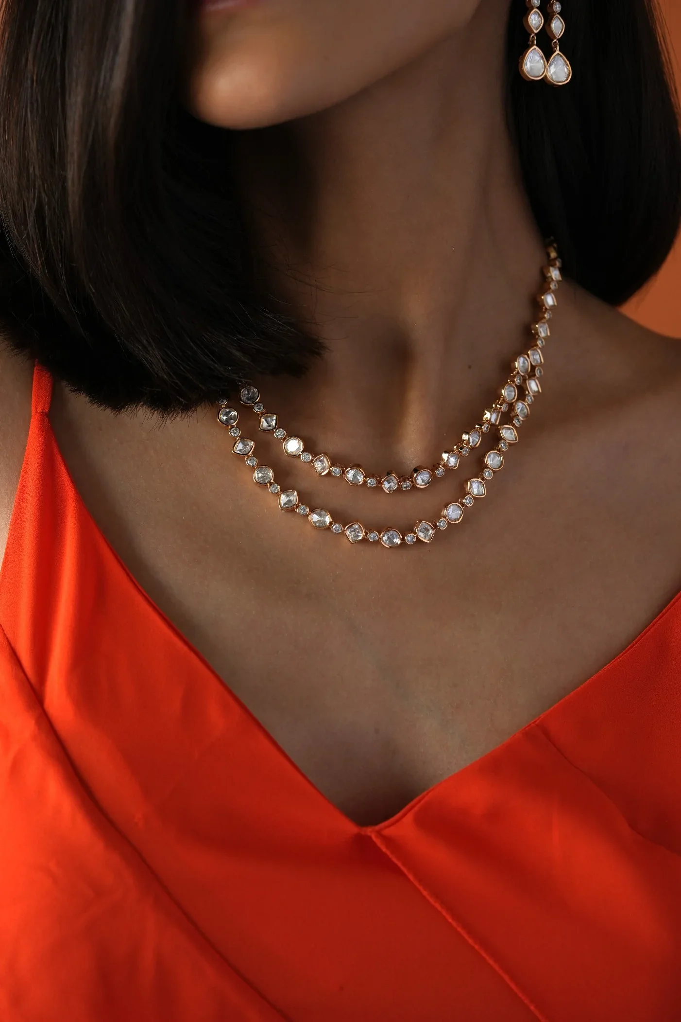 Suman Double Line Polki And Faux Diamond Necklace Set With Long Earrings - Image 3