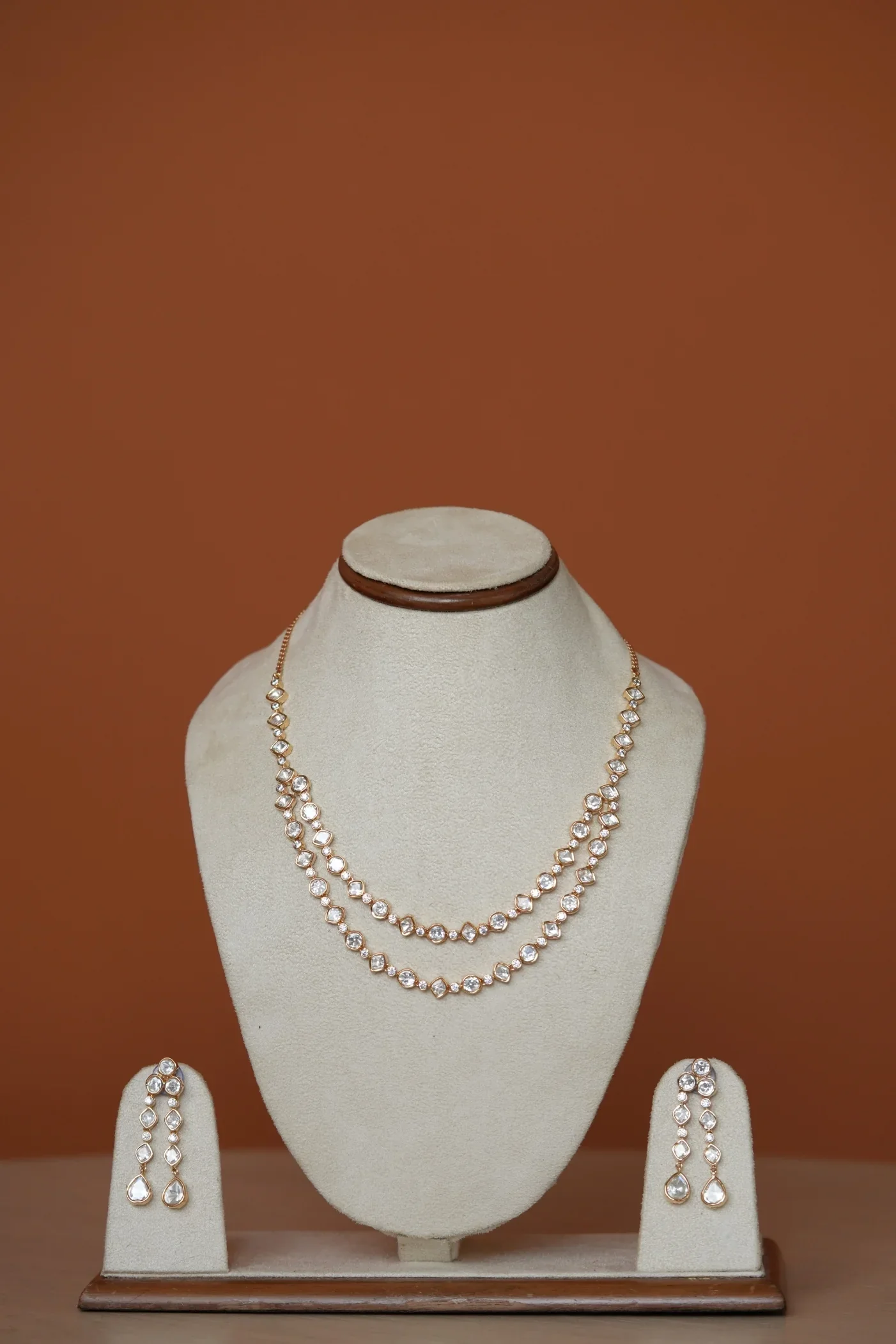 Suman Double Line Polki And Faux Diamond Necklace Set With Long Earrings - Image 4