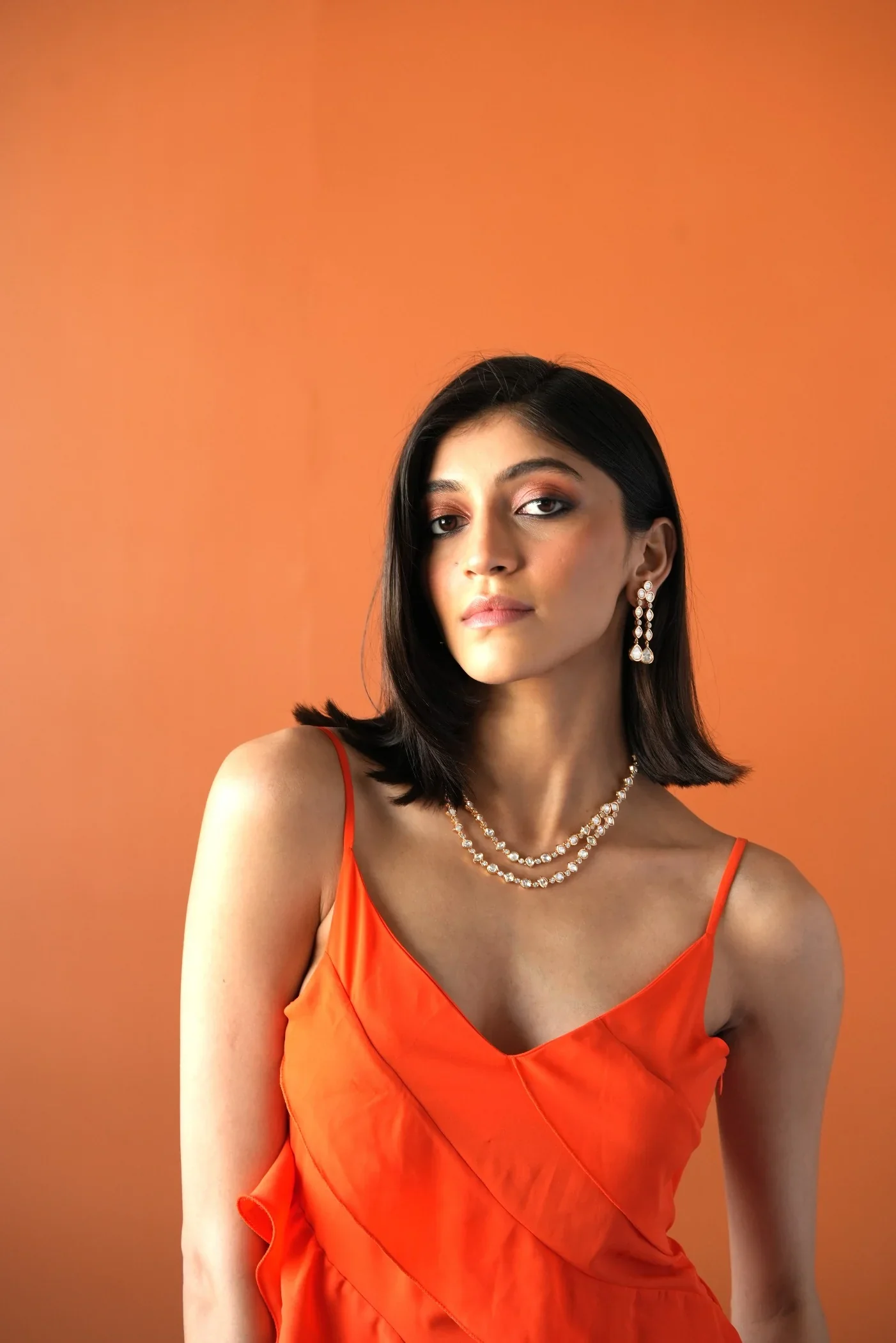 Suman Double Line Polki And Faux Diamond Necklace Set With Long Earrings - Image 5