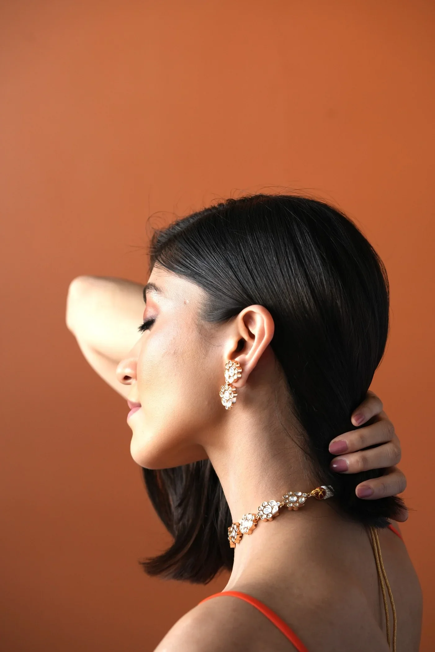 Suman Double Line Polki And Faux Diamond Necklace Set With Long Earrings - Image 6