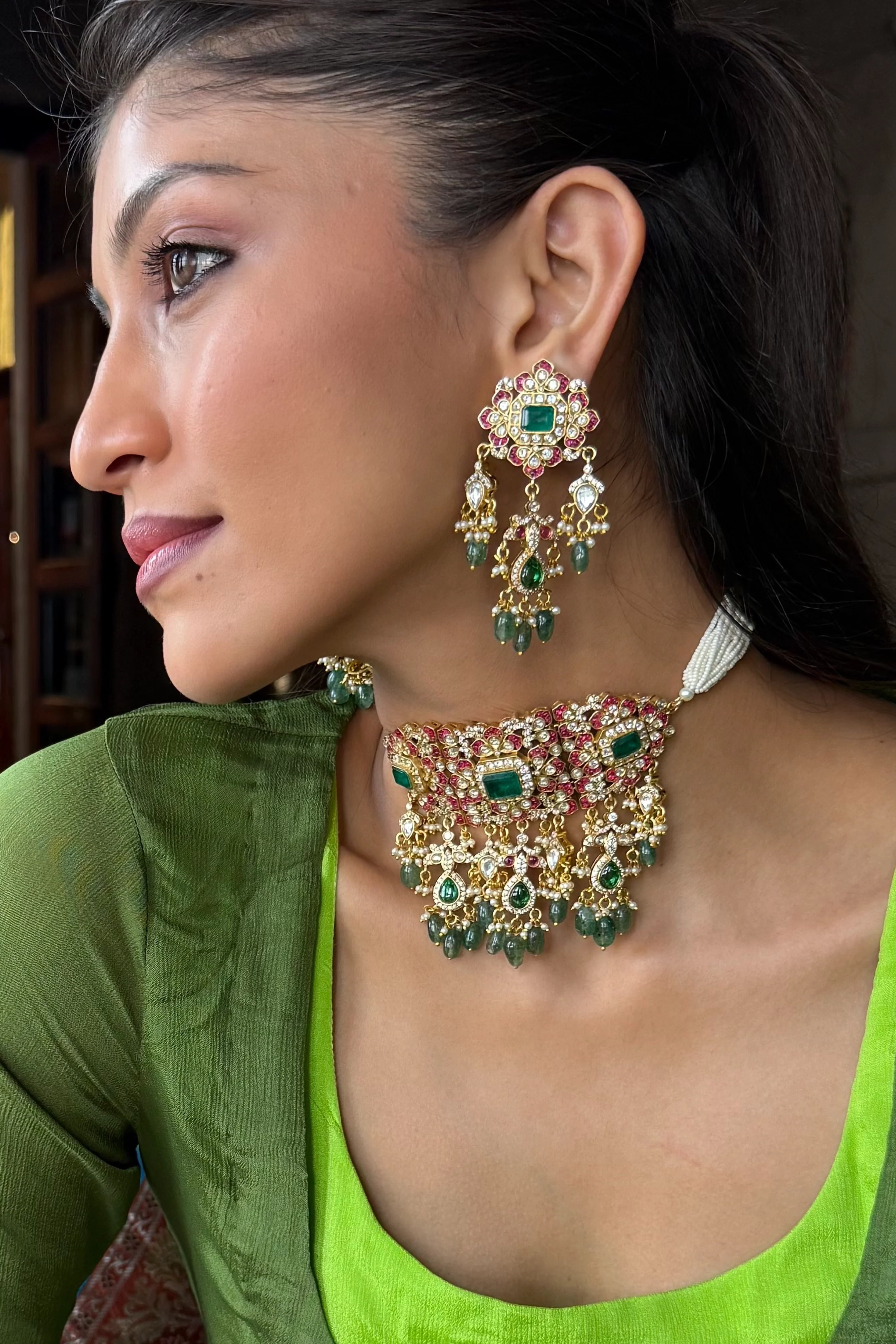 Kiara Emerald Abundance Polki Choker Set - Image 3