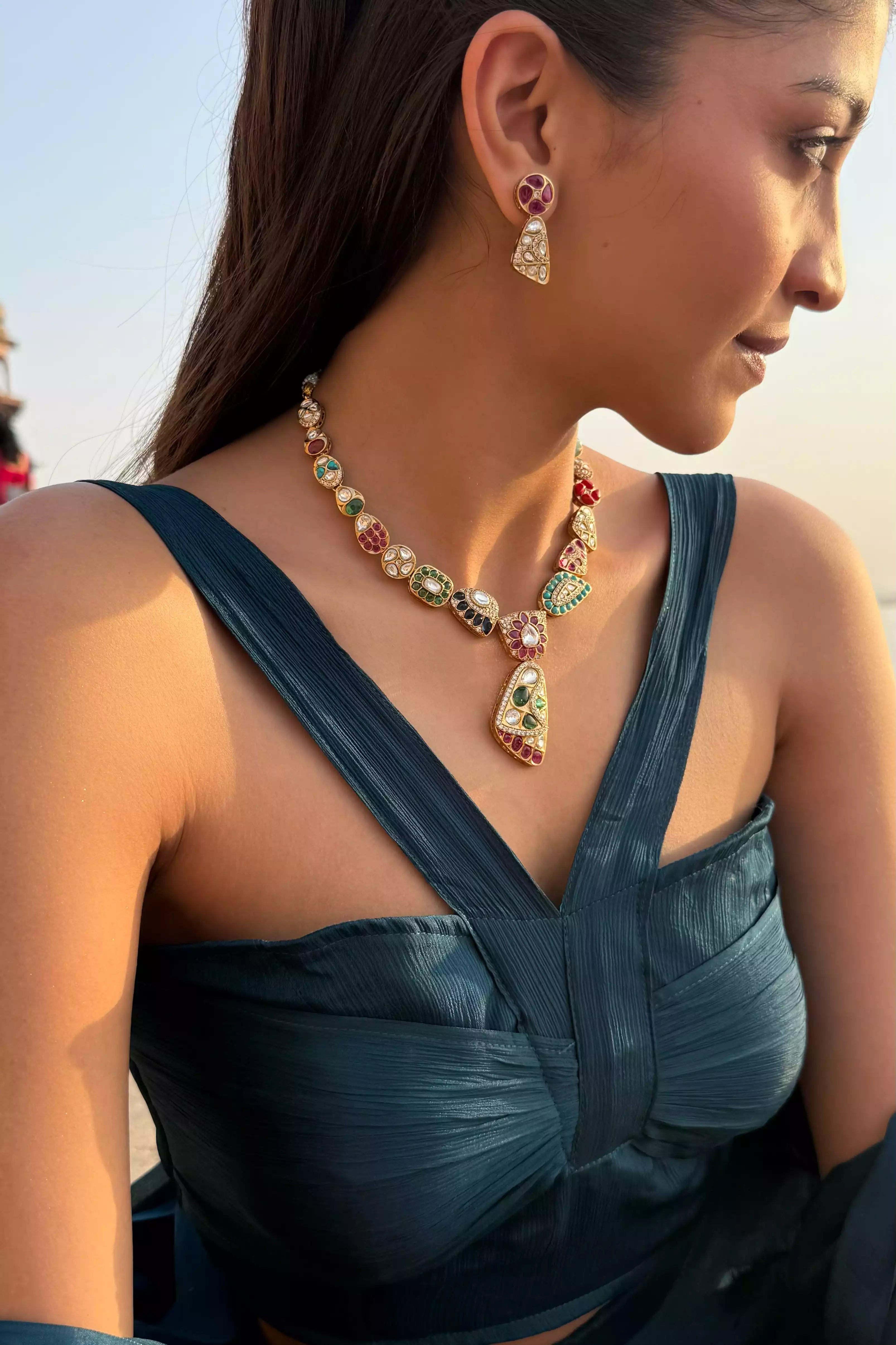 Sanaya Five Rivers Polki Necklace Set - Image 4
