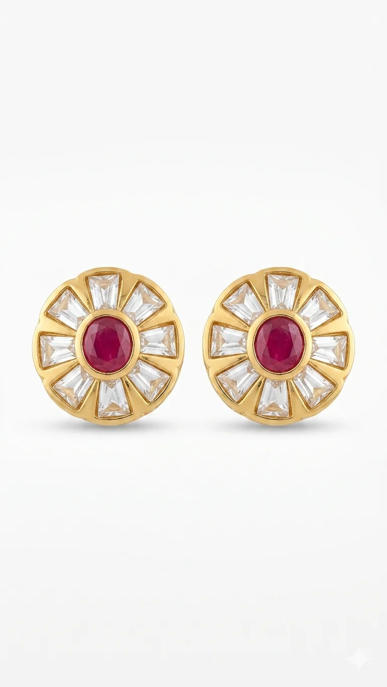 Red Emerald Sunburst Polki Stud Earrings
