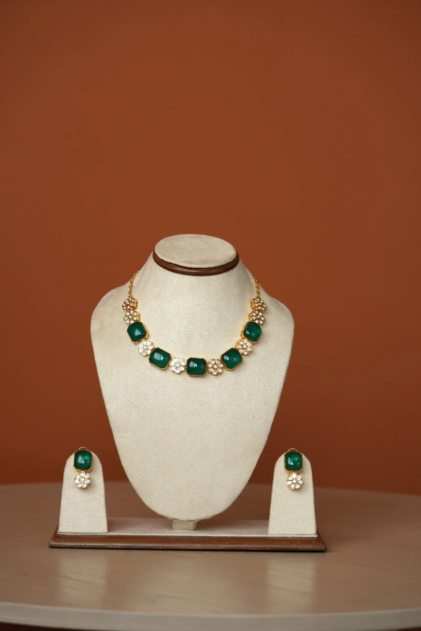 Pooja Green Semi Precious Stone And Jadau Kundan Choker Style Necklace With Earrings - Image 4