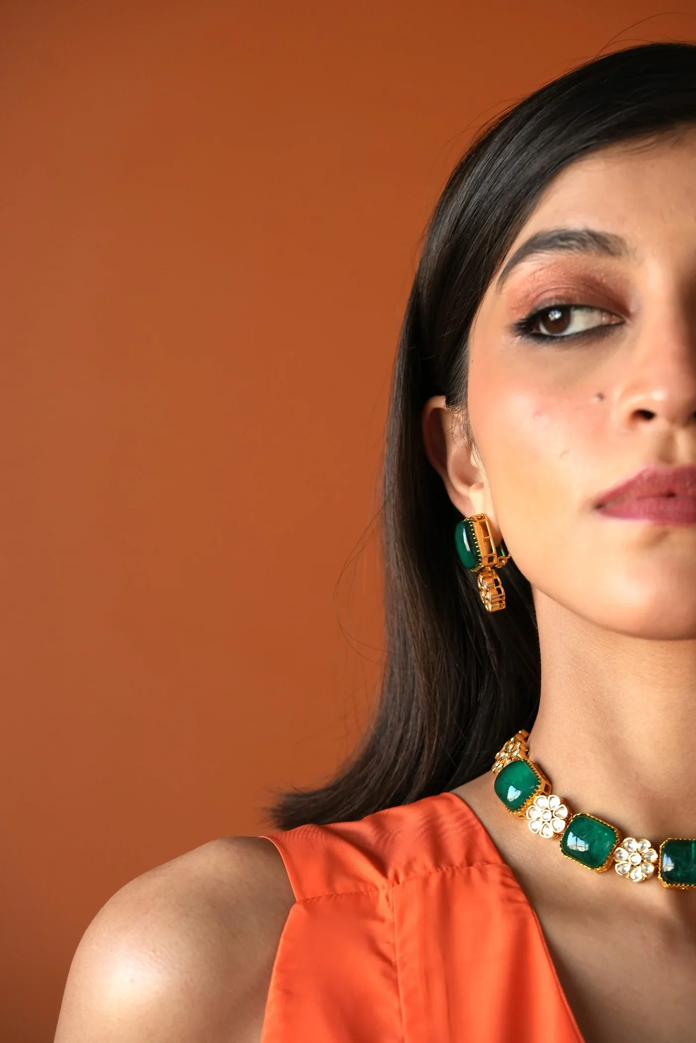 Pooja Green Semi Precious Stone And Jadau Kundan Choker Style Necklace With Earrings - Image 5