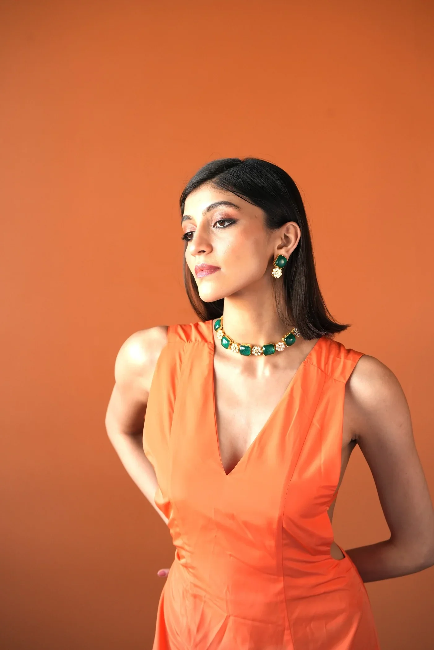 Pooja Green Semi Precious Stone And Jadau Kundan Choker Style Necklace With Earrings - Image 6