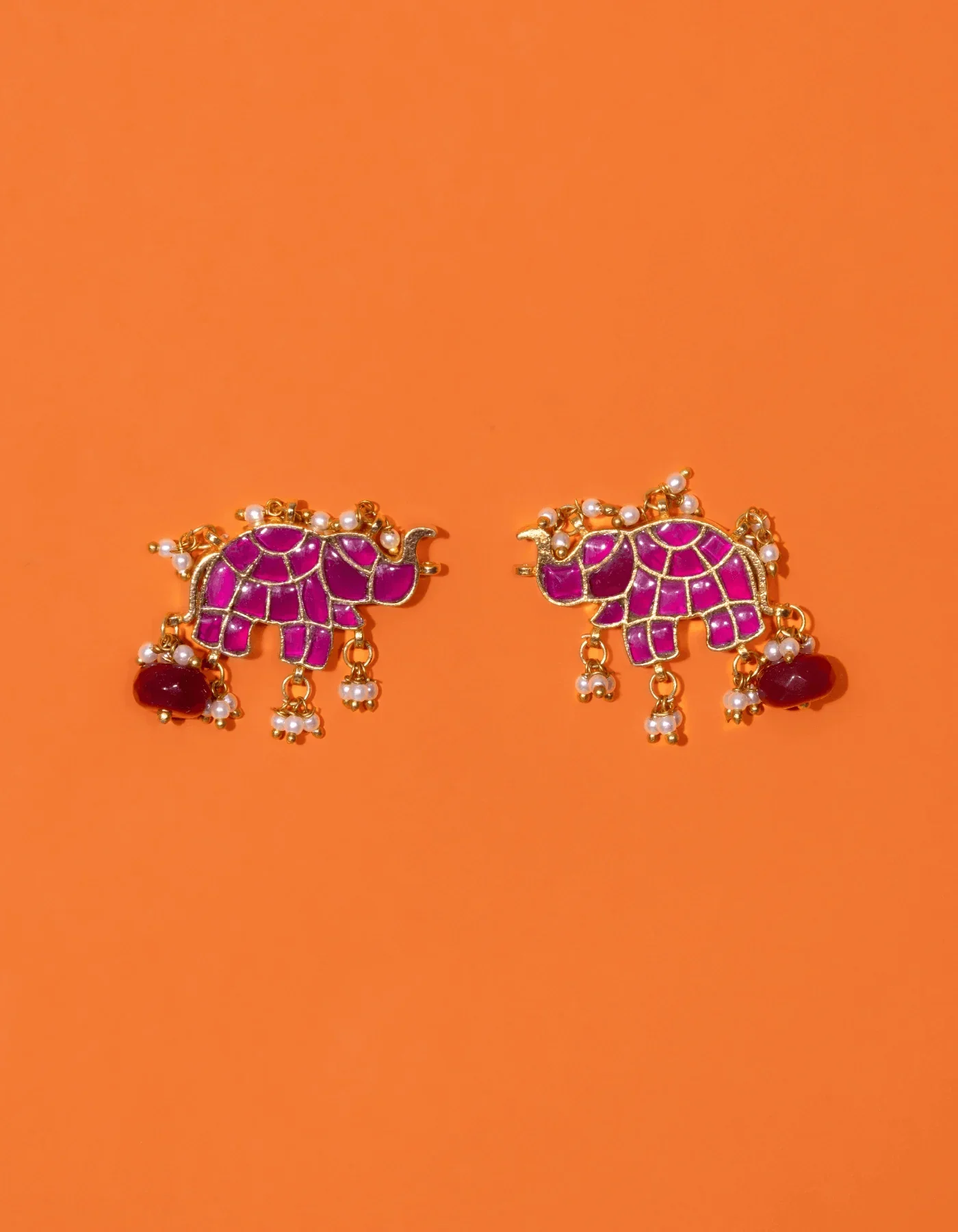 Radhika Haathi Shaped Pink Polki With Semi-precious Stone With Basra Moti - Image 3