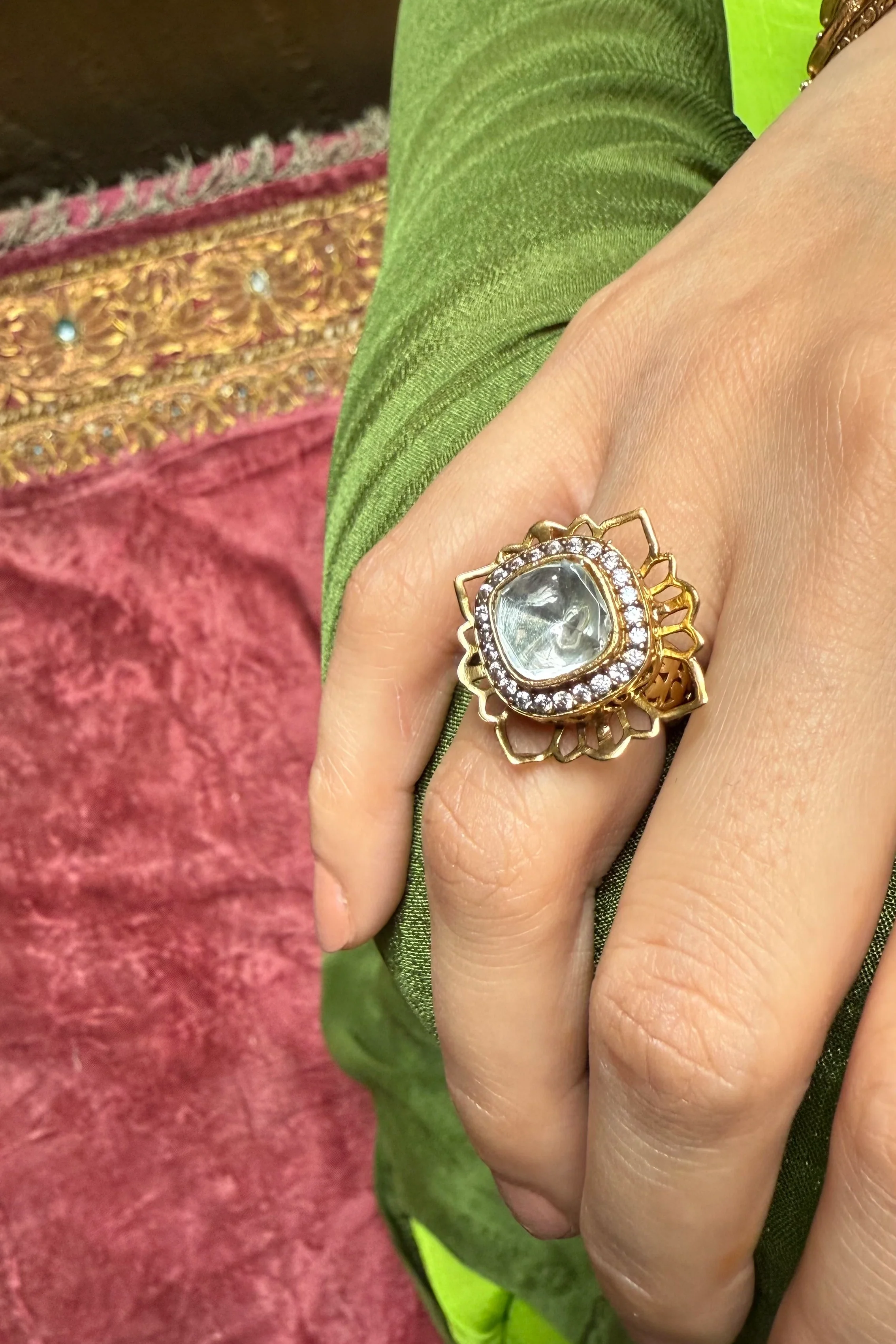 Hitakshi Lotus Polki Pearl Meenakari Cocktail Ring - Image 2