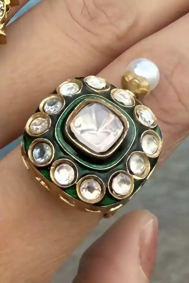 Khushboo Polki Enamel Ring With Pearl Drop - Image 2