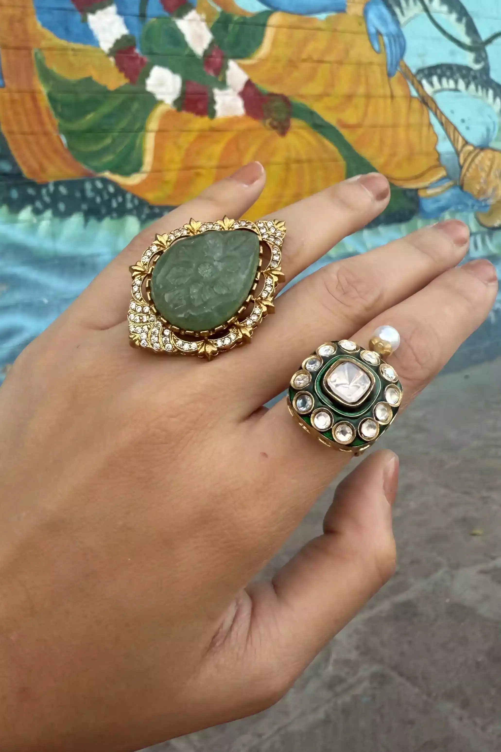 Khushboo Polki Enamel Ring With Pearl Drop - Image 3