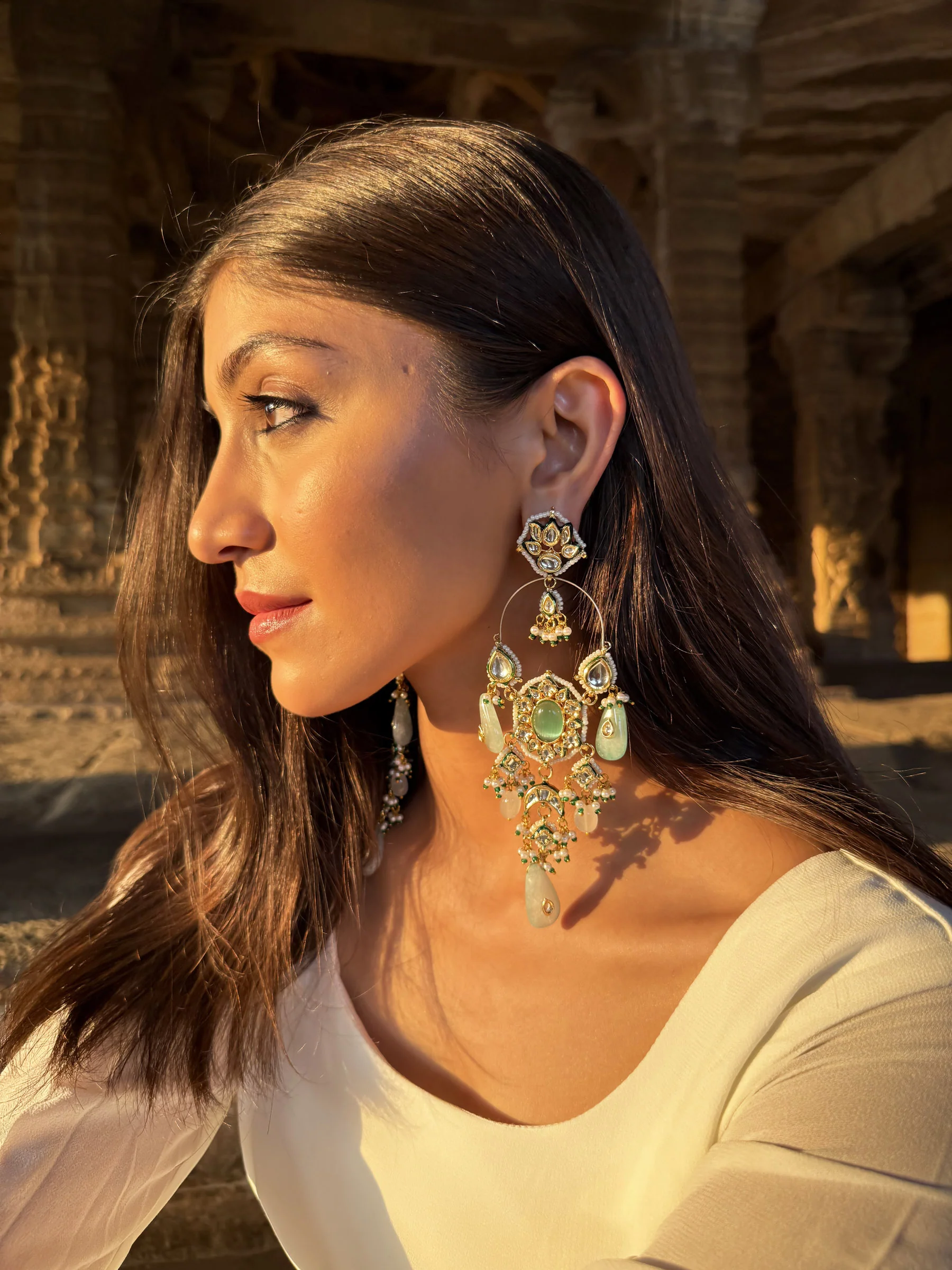 Lekisha Floral Emerald Green & White SP Polki Earrings - Image 3
