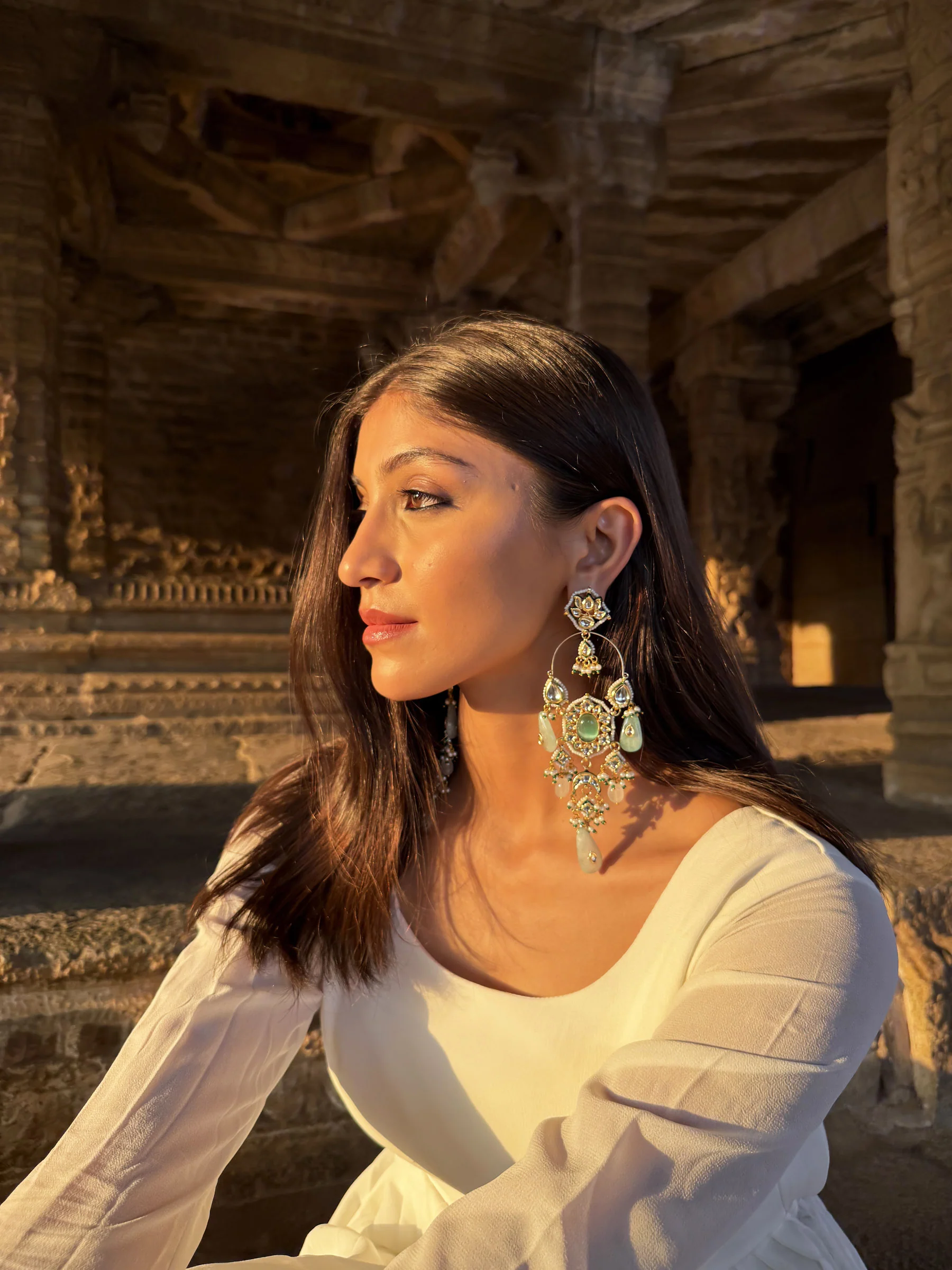 Lekisha Floral Emerald Green & White SP Polki Earrings - Image 4