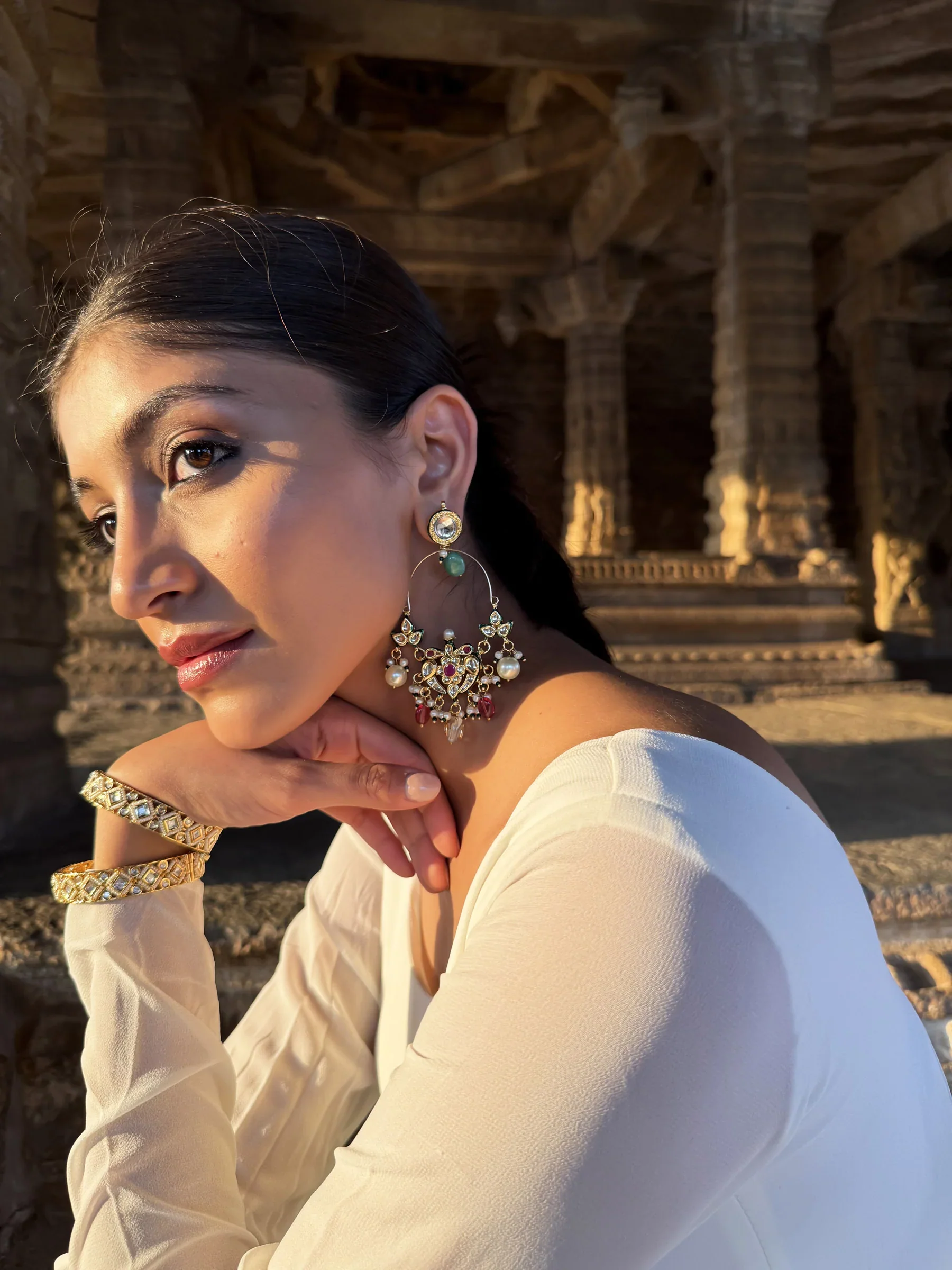 Lipika Chandelier Multicoloured Stones SP Polki Earrings - Image 3
