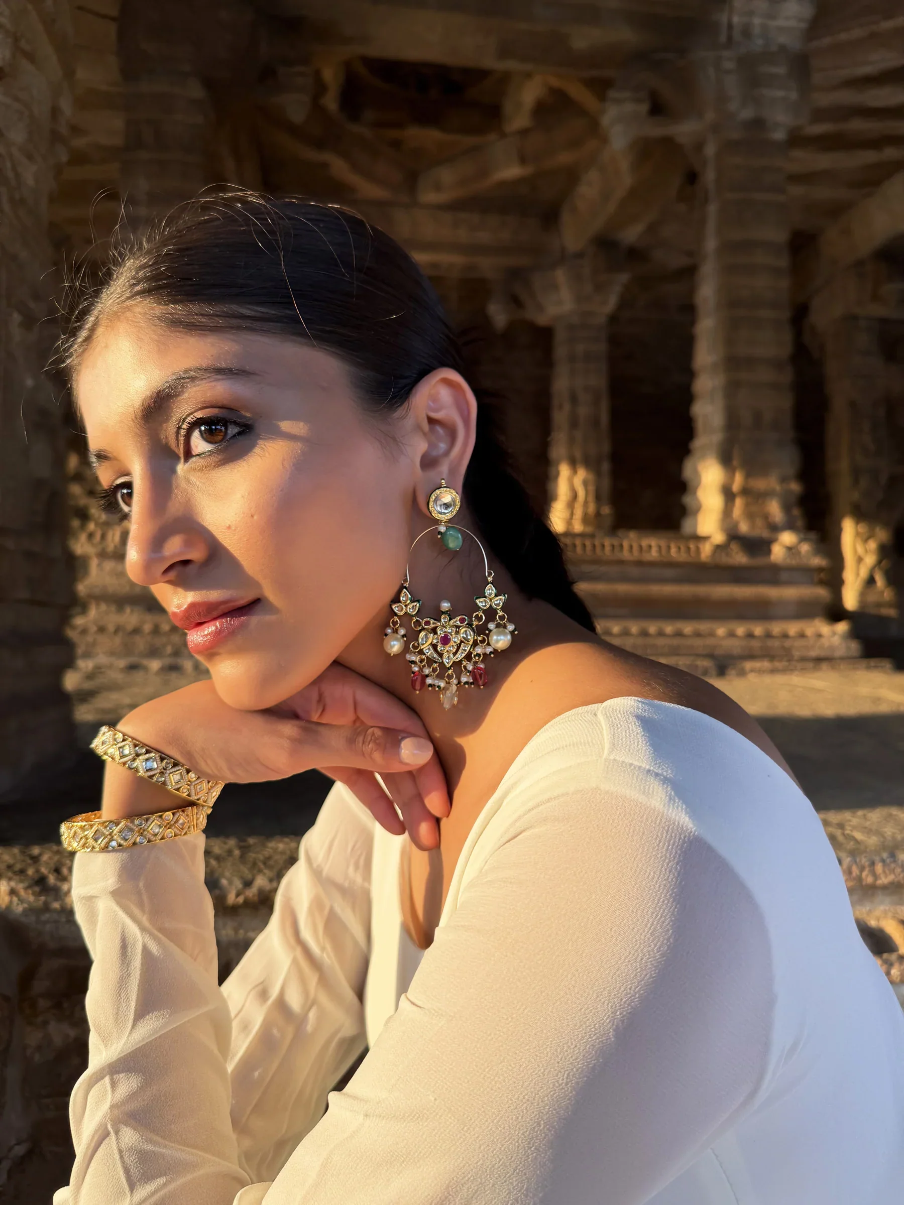 Lipika Chandelier Multicoloured Stones SP Polki Earrings - Image 4