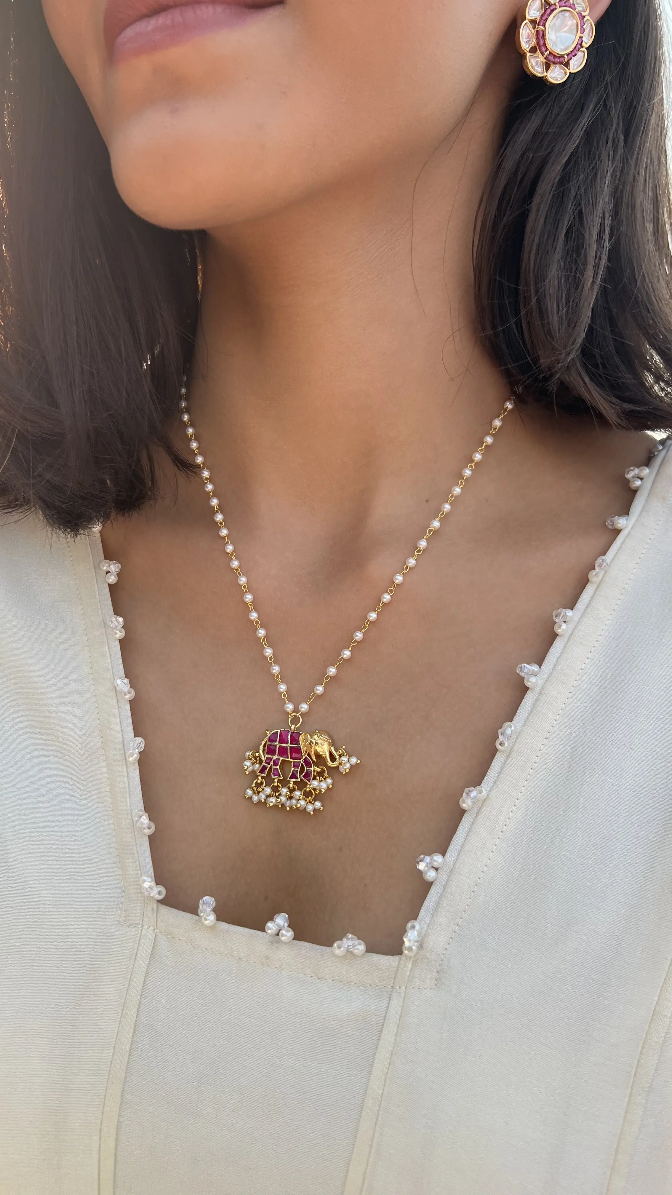 Lisa Elephant Shaped Polki With Semi-precious Stone With Basra Moti - Image 3