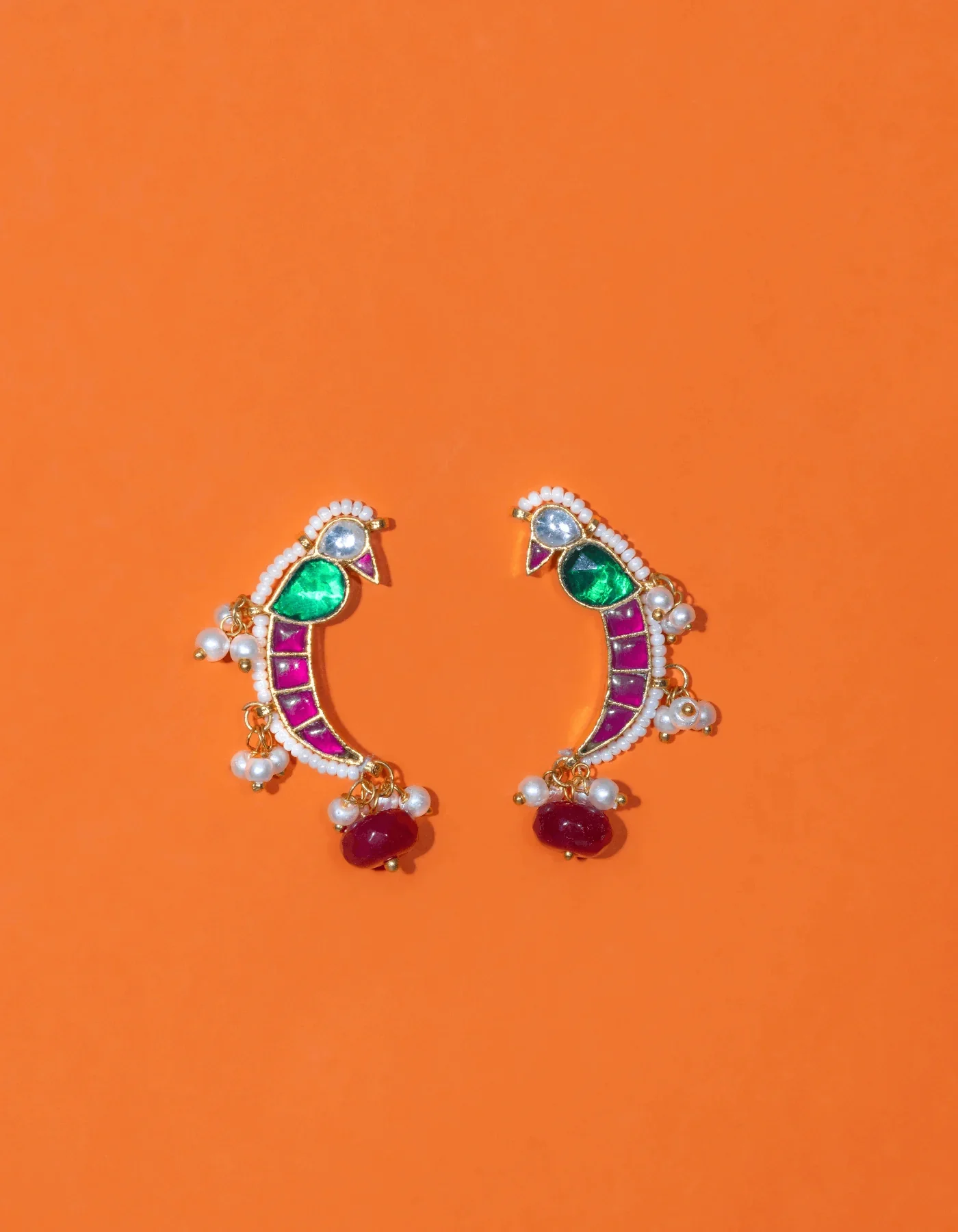 Gaurangi Mayna Red Shaped Polki With Semi-precious Stone With Basra Moti - Image 3