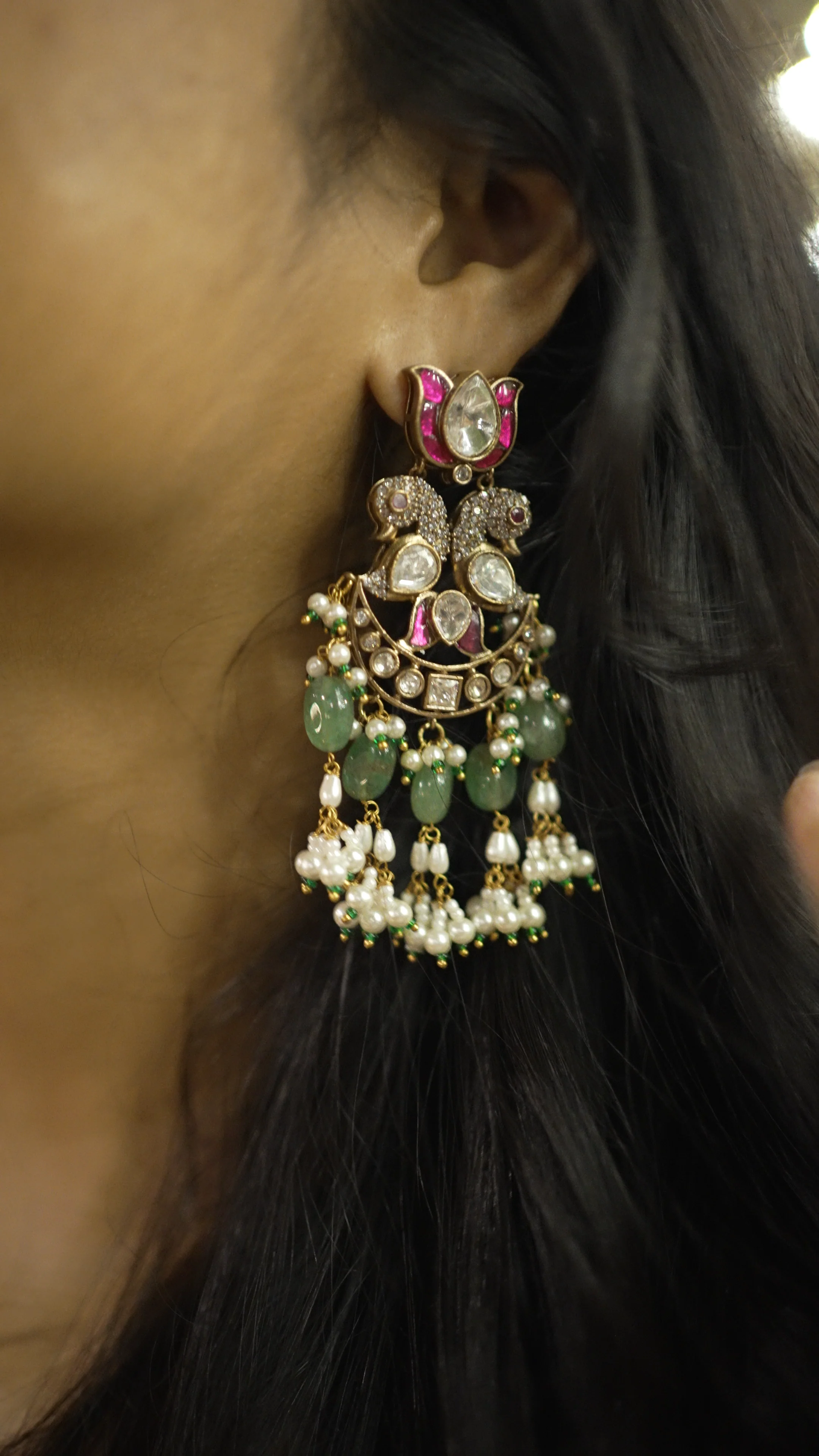 Mukta Kundan Jhumka Green Basra Pearls Sp Polki Earrings - Image 4