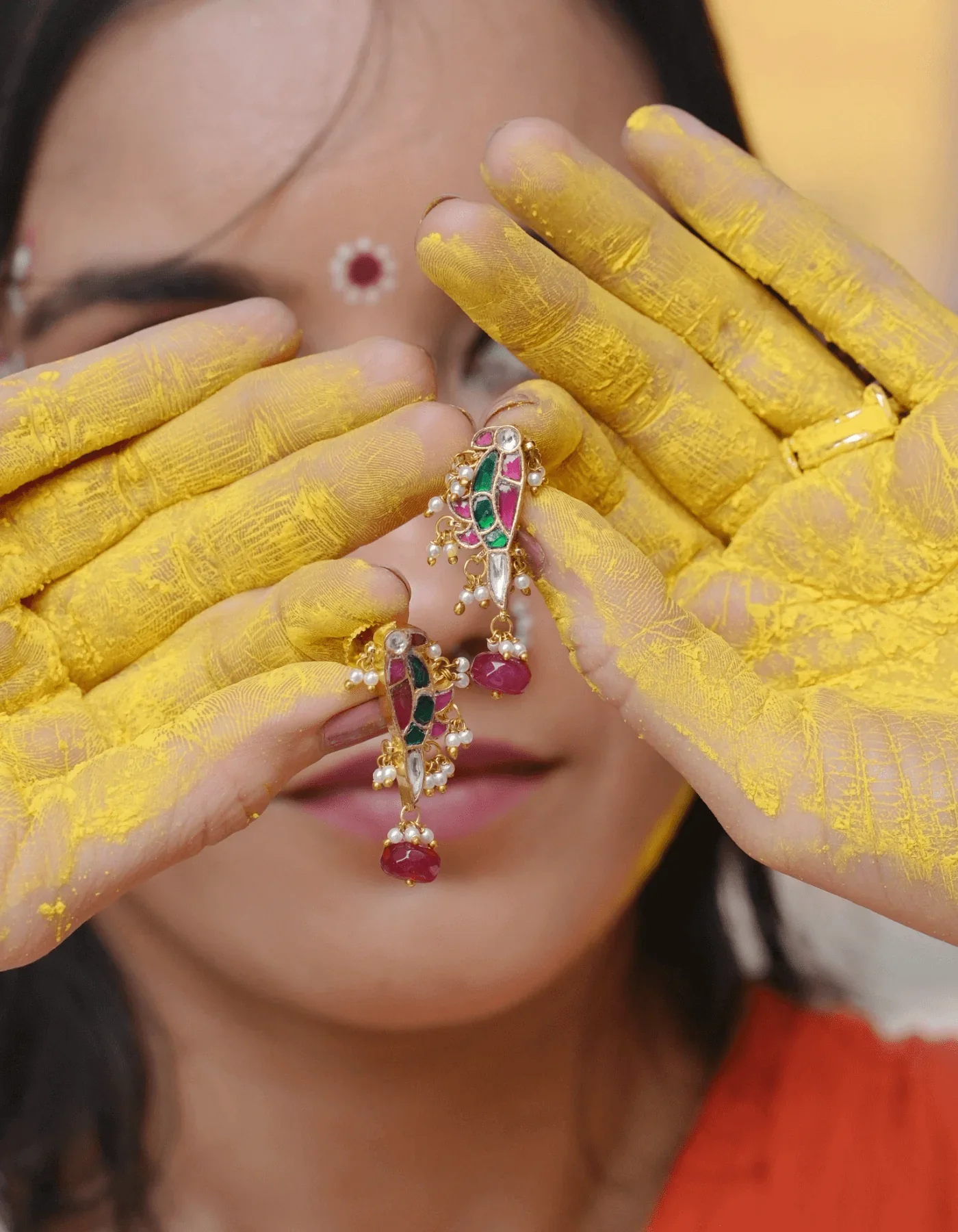 Vrunda Multicolored Mayna Shaped Polki With Semi-precious Stone With Basra Moti - Image 3