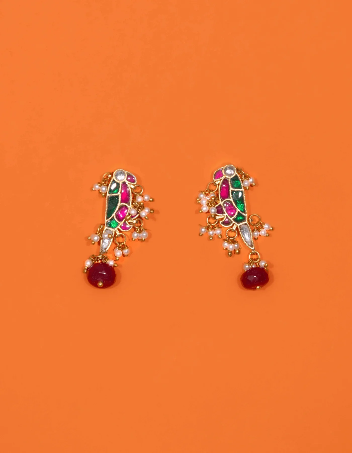 Vrunda Multicolored Mayna Shaped Polki With Semi-precious Stone With Basra Moti - Image 4