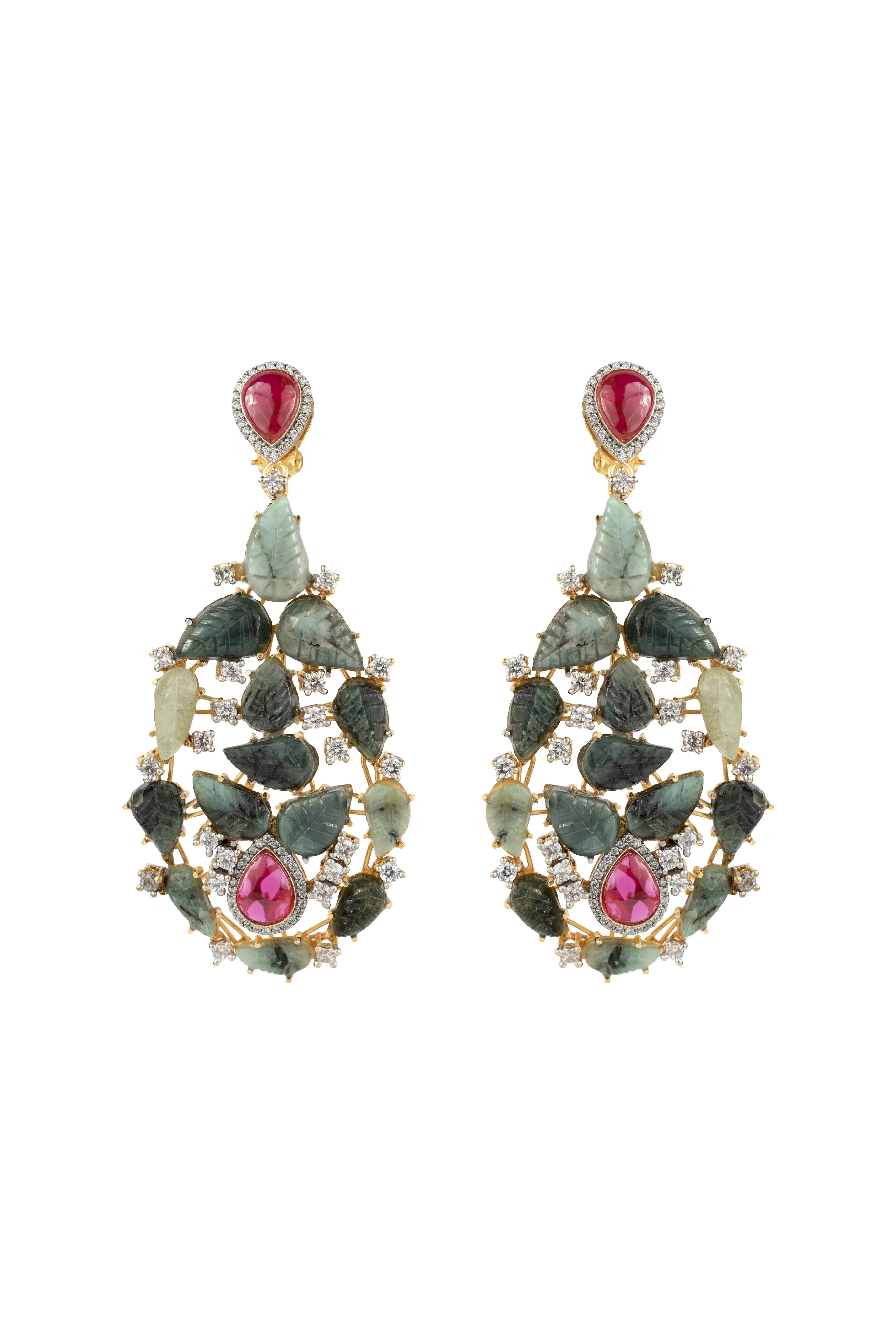 Nalini Emerald Ruby Teardrop Multicoloured Stones Sp Polki Earrings