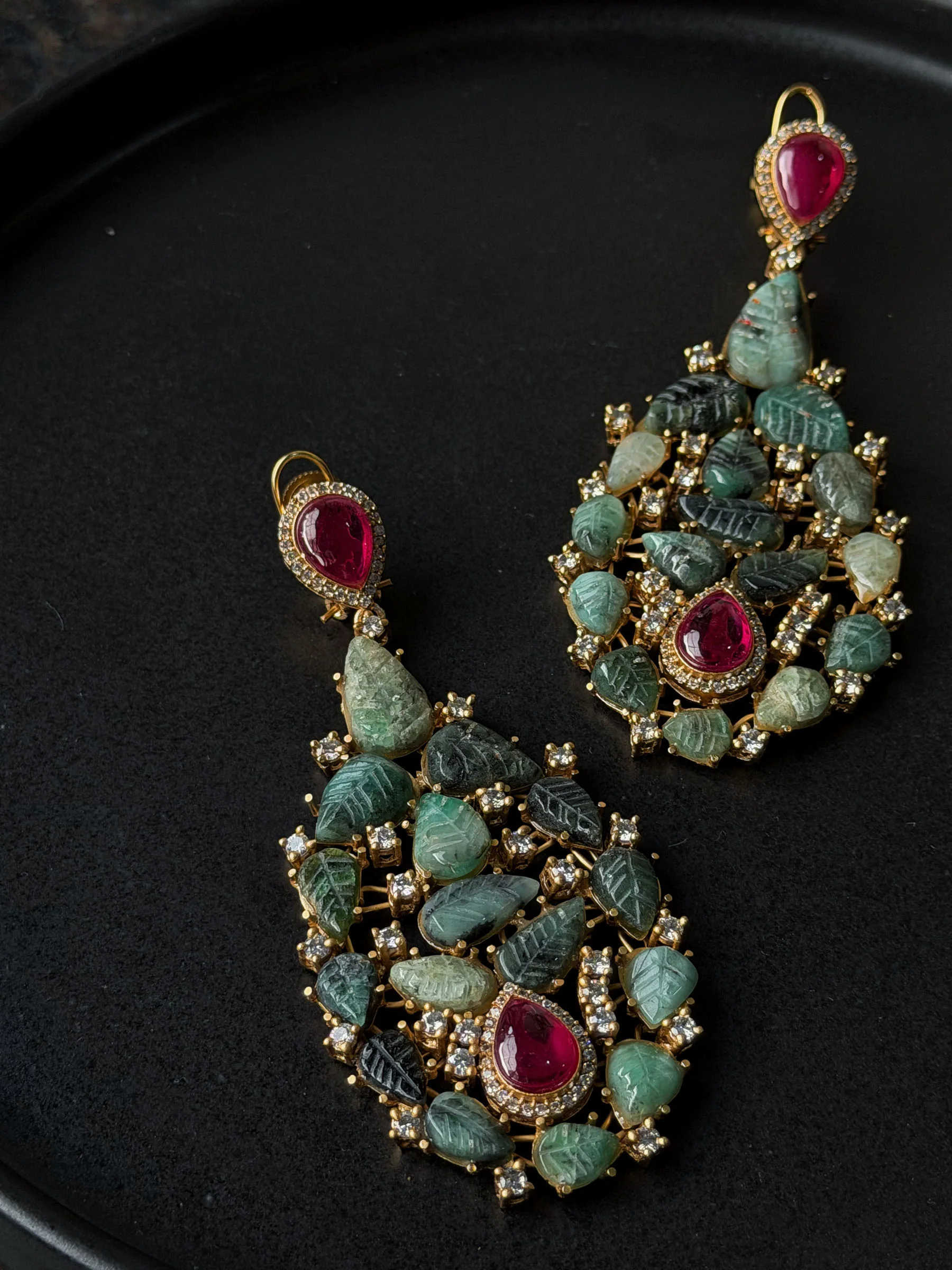 Nalini Emerald Ruby Teardrop Multicoloured Stones Sp Polki Earrings - Image 3
