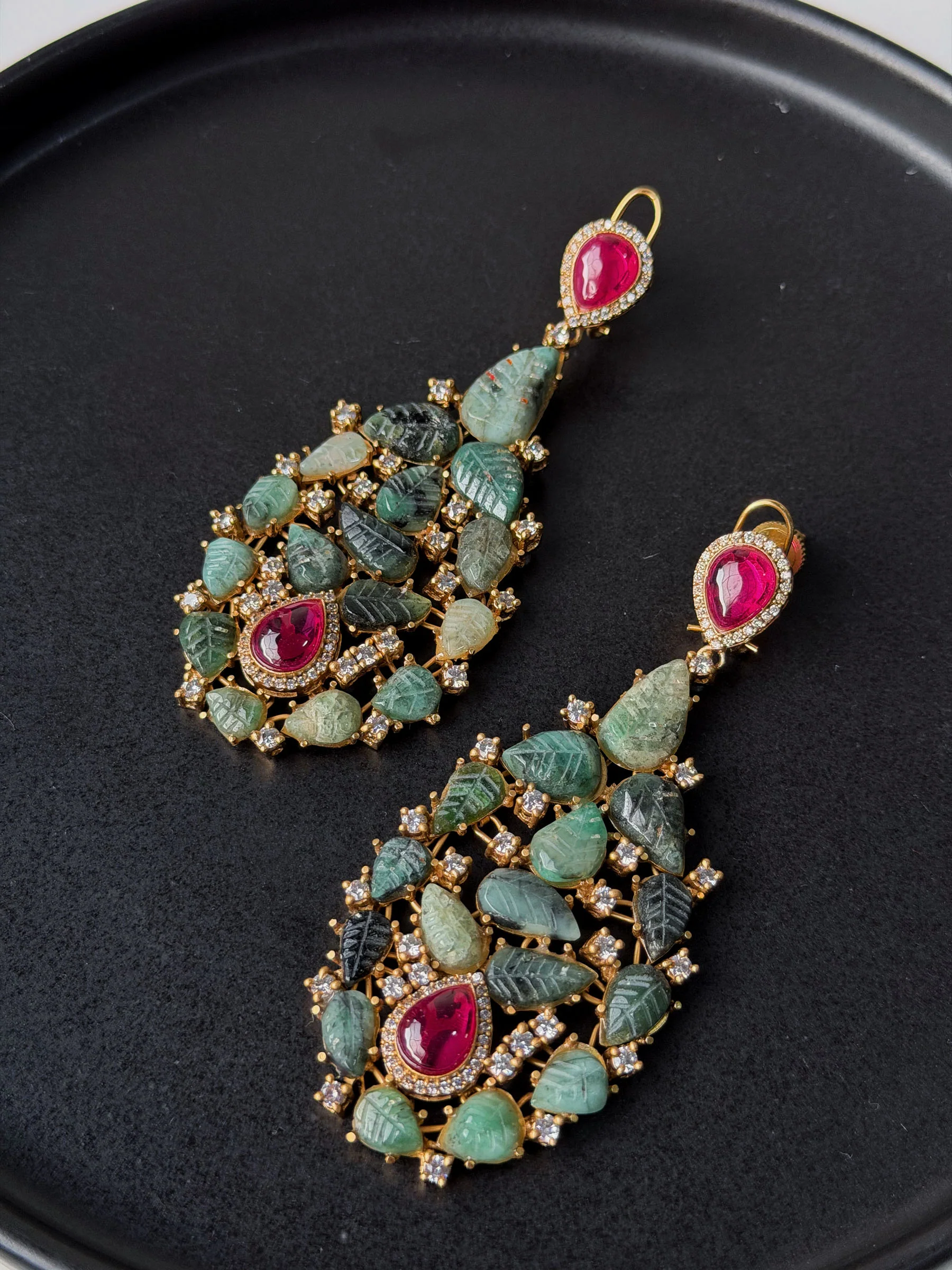 Nalini Emerald Ruby Teardrop Multicoloured Stones Sp Polki Earrings - Image 5