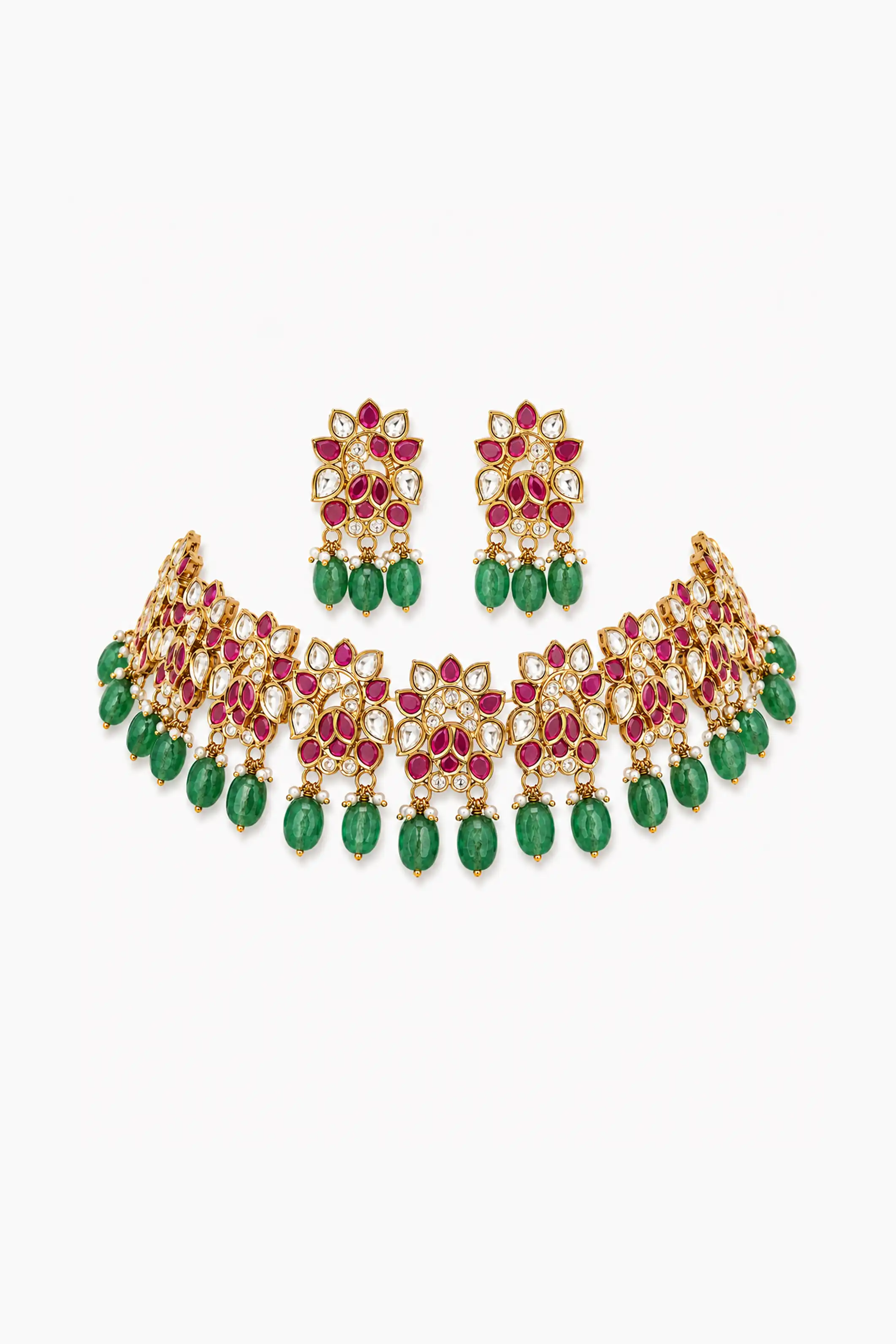 Neela Sacred Vine Emerald Polki Necklace Set