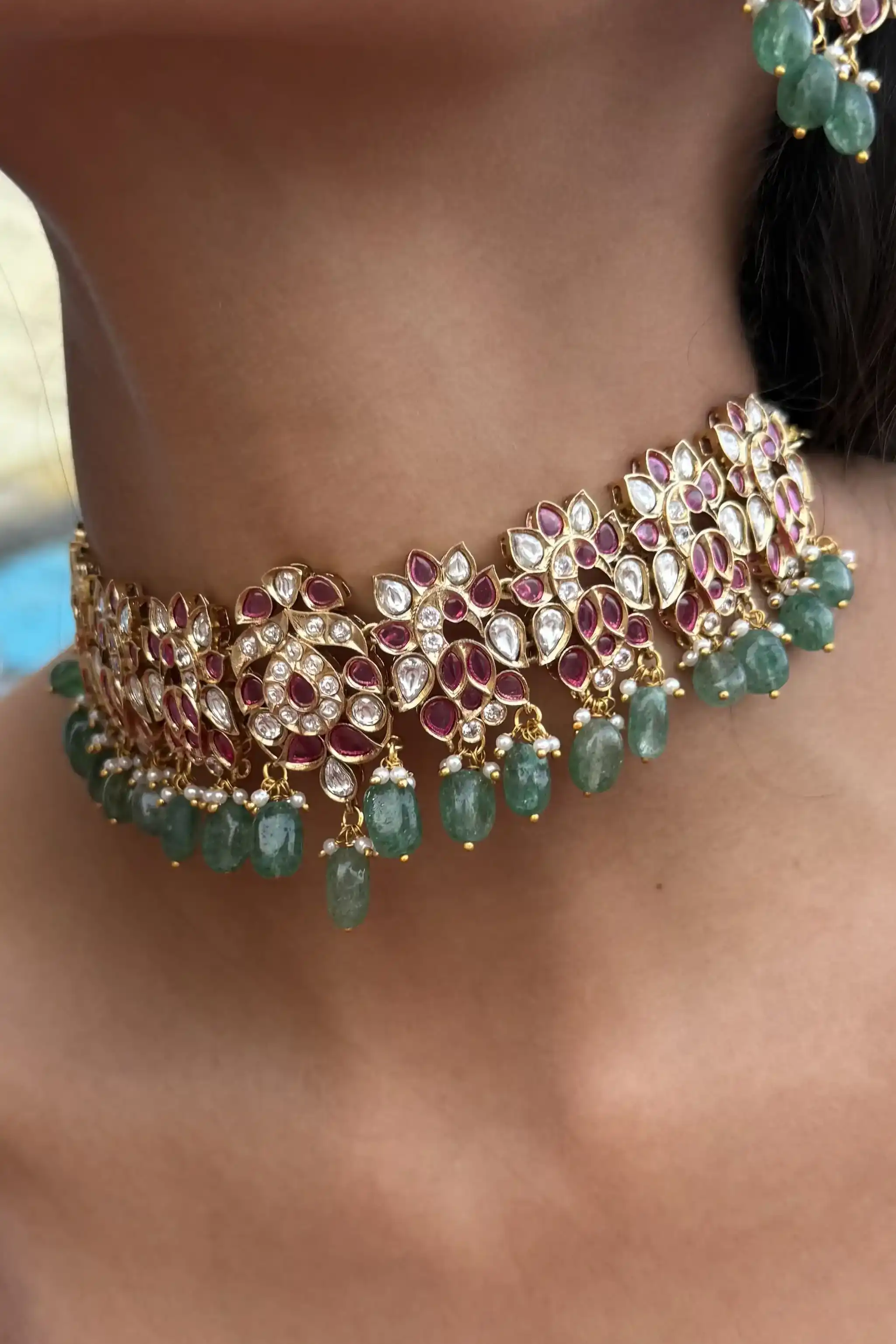 Neela Sacred Vine Emerald Polki Necklace Set - Image 5