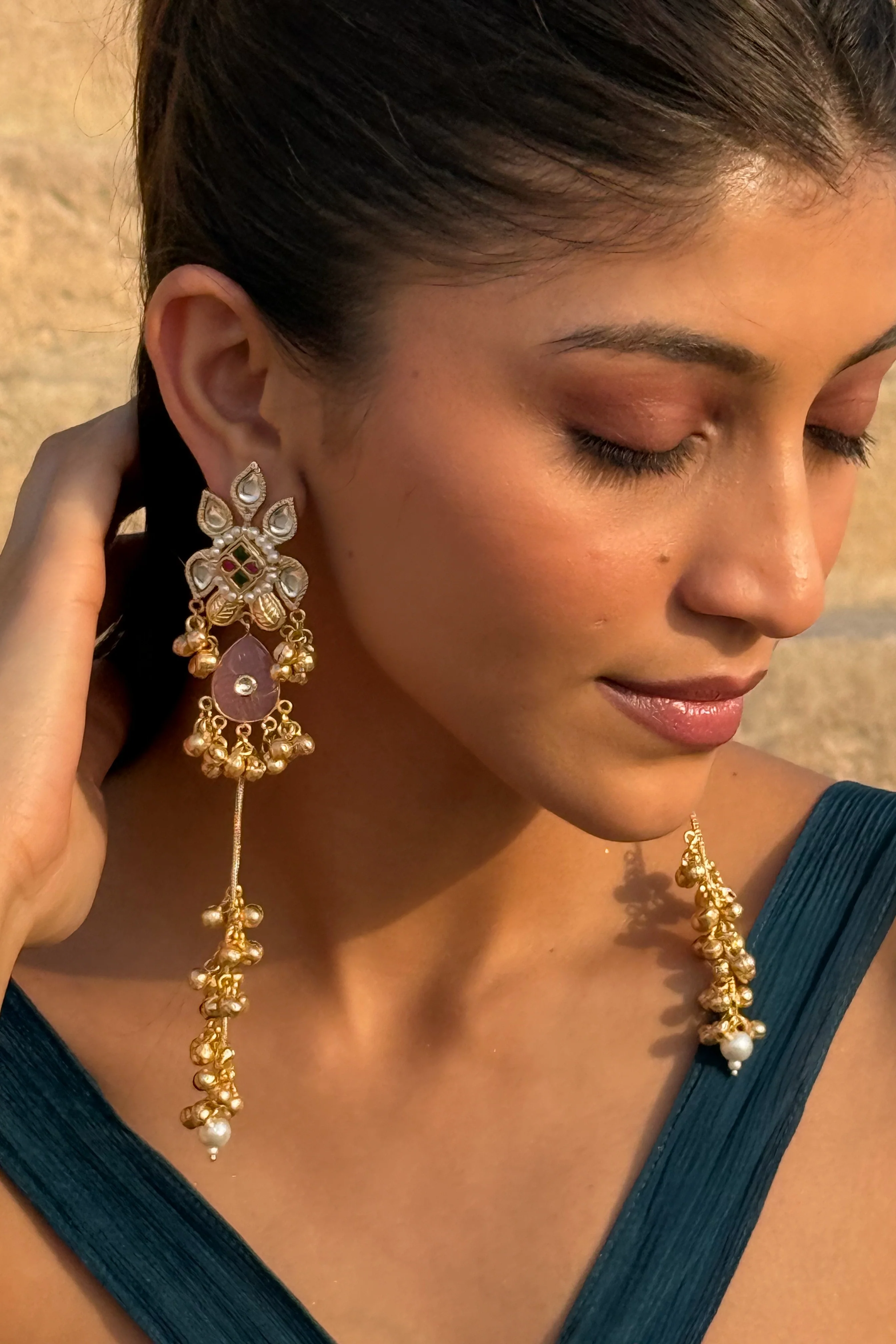 Pushp Varsha Floral Polki Pearl Chandelier Earrings - Image 2