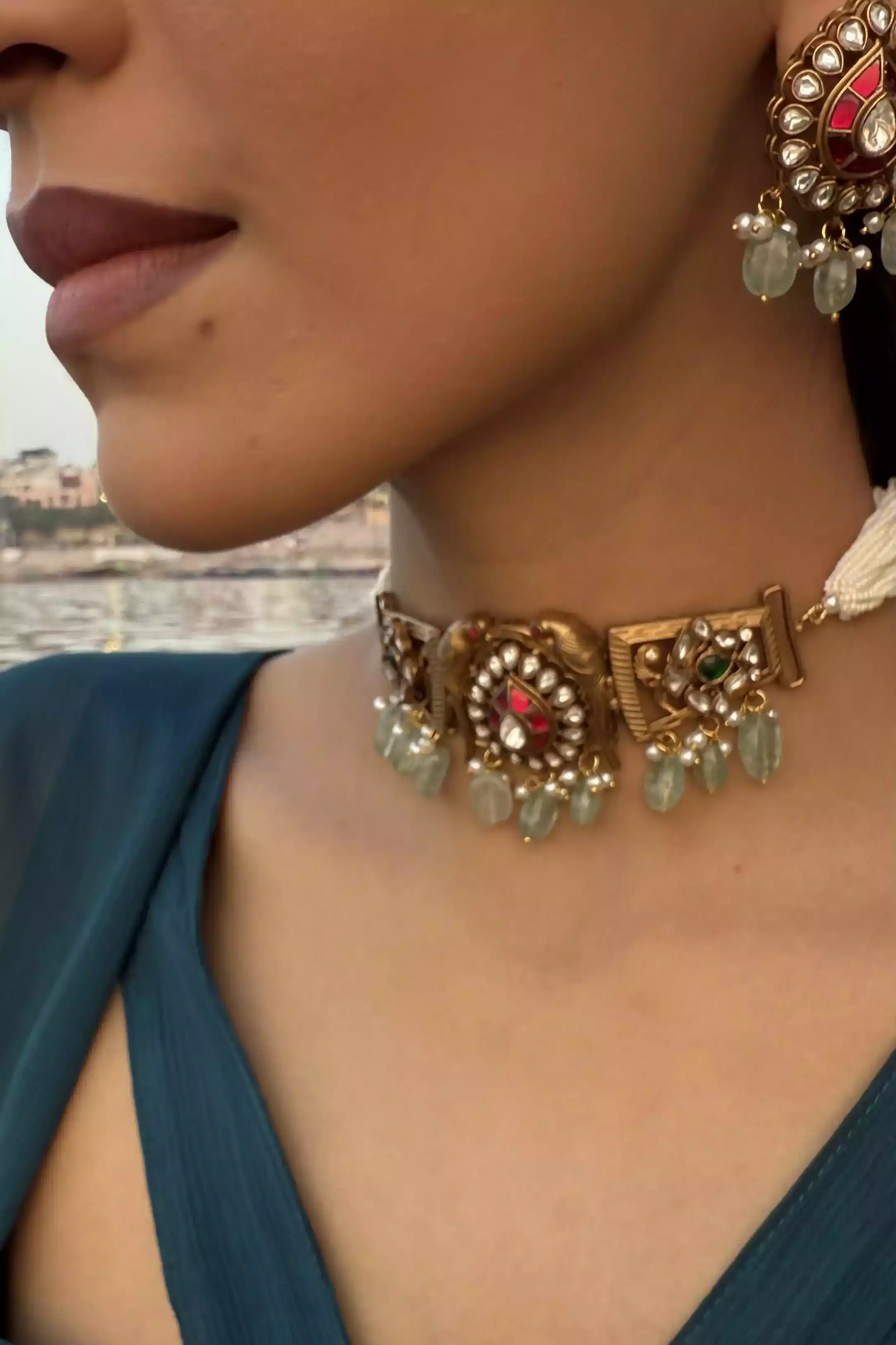 Raagini Kirtan Ruby Teal Polki Choker Set - Image 3