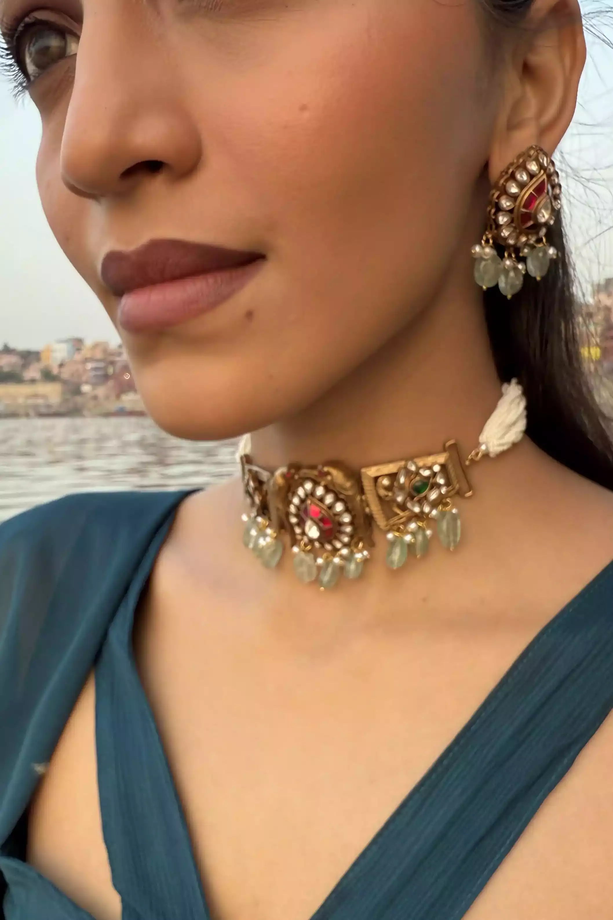 Raagini Kirtan Ruby Teal Polki Choker Set - Image 4