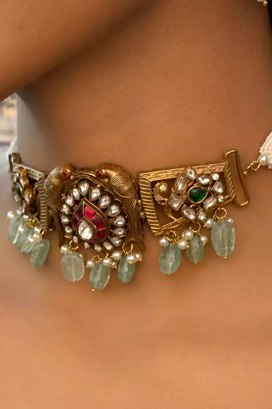 Raagini Kirtan Ruby Teal Polki Choker Set - Image 8