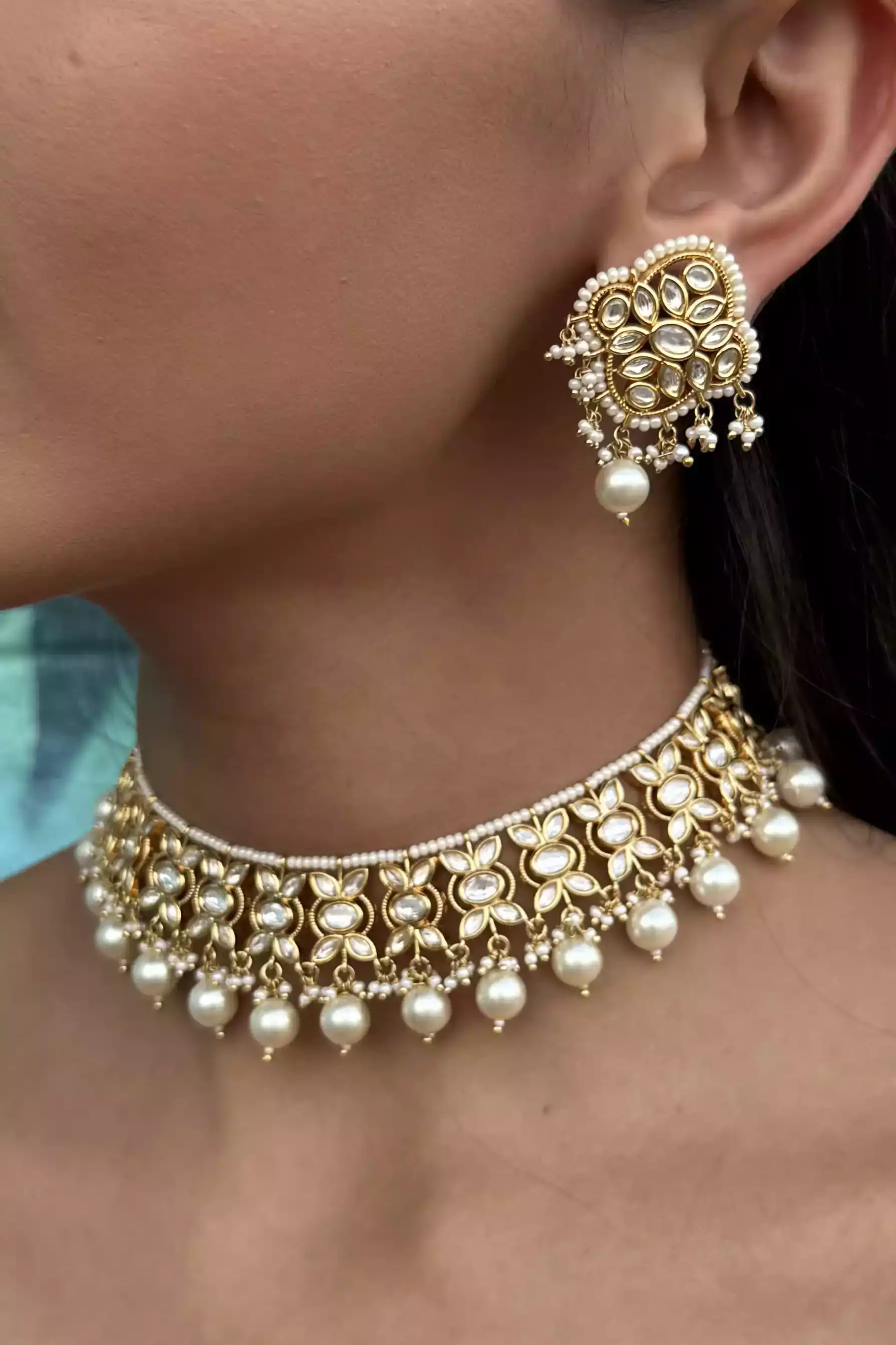 Ria Moti Kundan Pearl Choker Set with Jhumkas - Image 2
