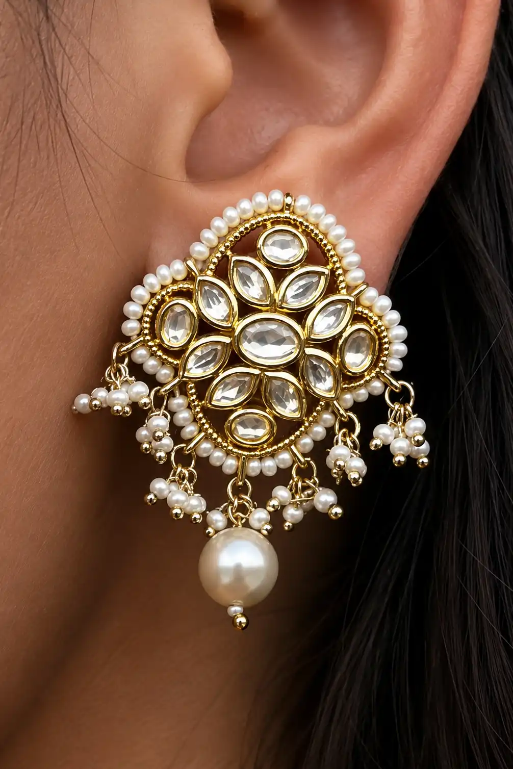 Ria Moti Kundan Pearl Choker Set with Jhumkas - Image 3