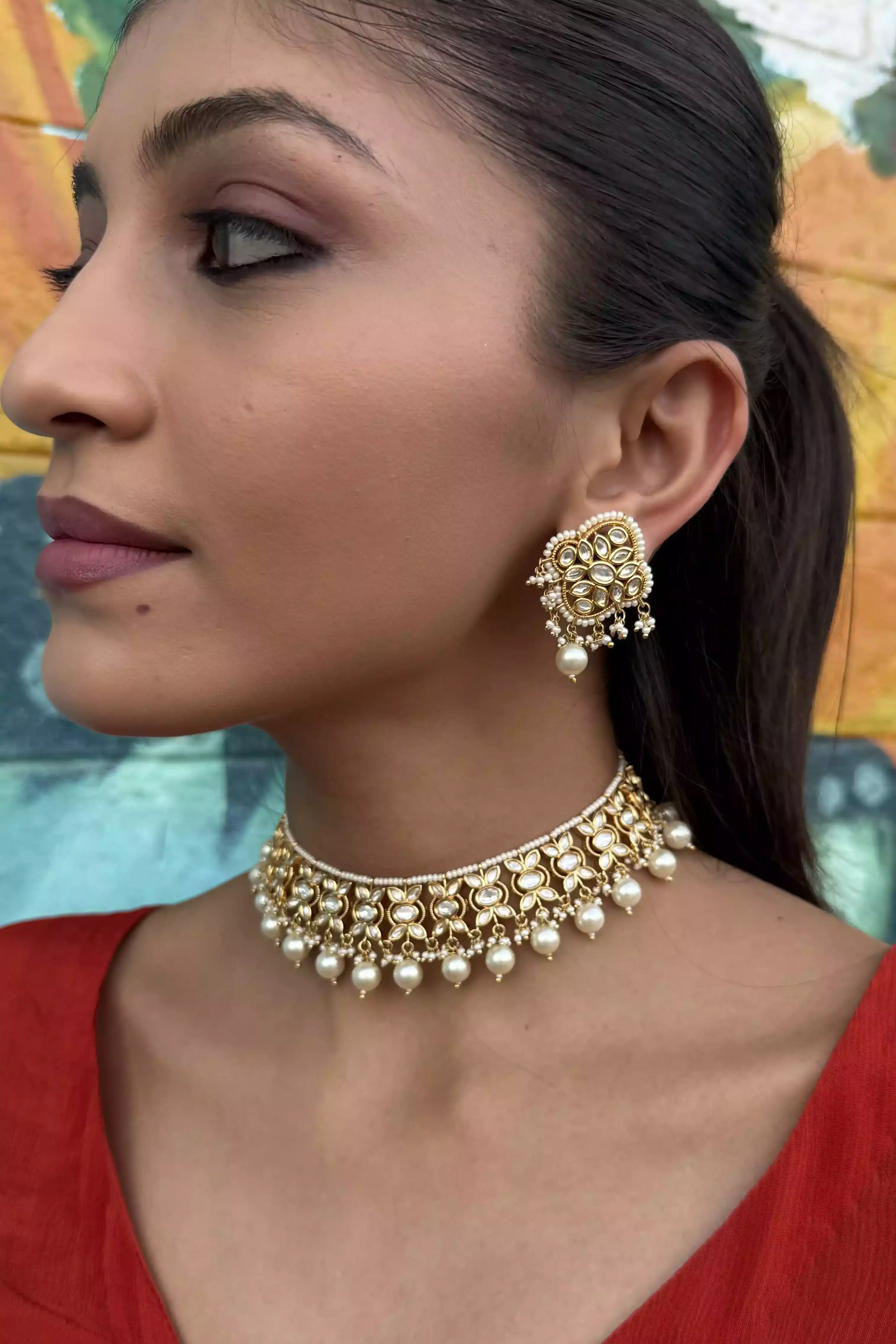 Ria Moti Kundan Pearl Choker Set with Jhumkas - Image 6