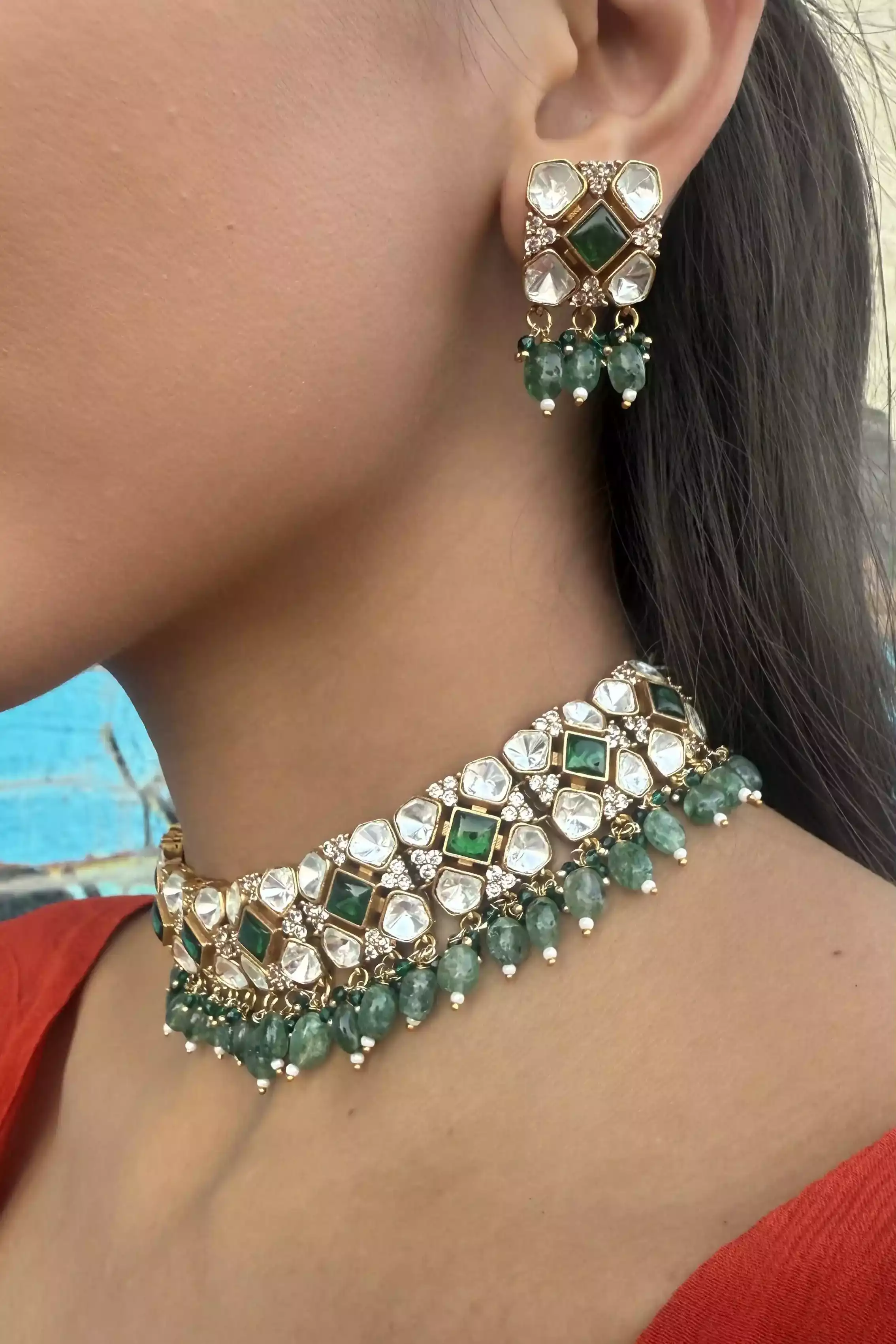 Riva Emerald Kundan Oxidised Choker Set - Image 2