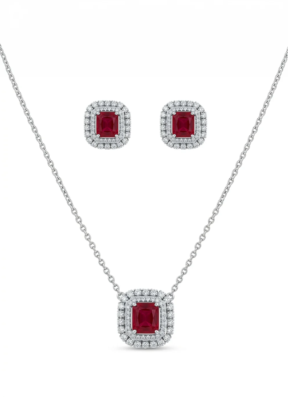 Ruby Cushion Halo Necklace Set