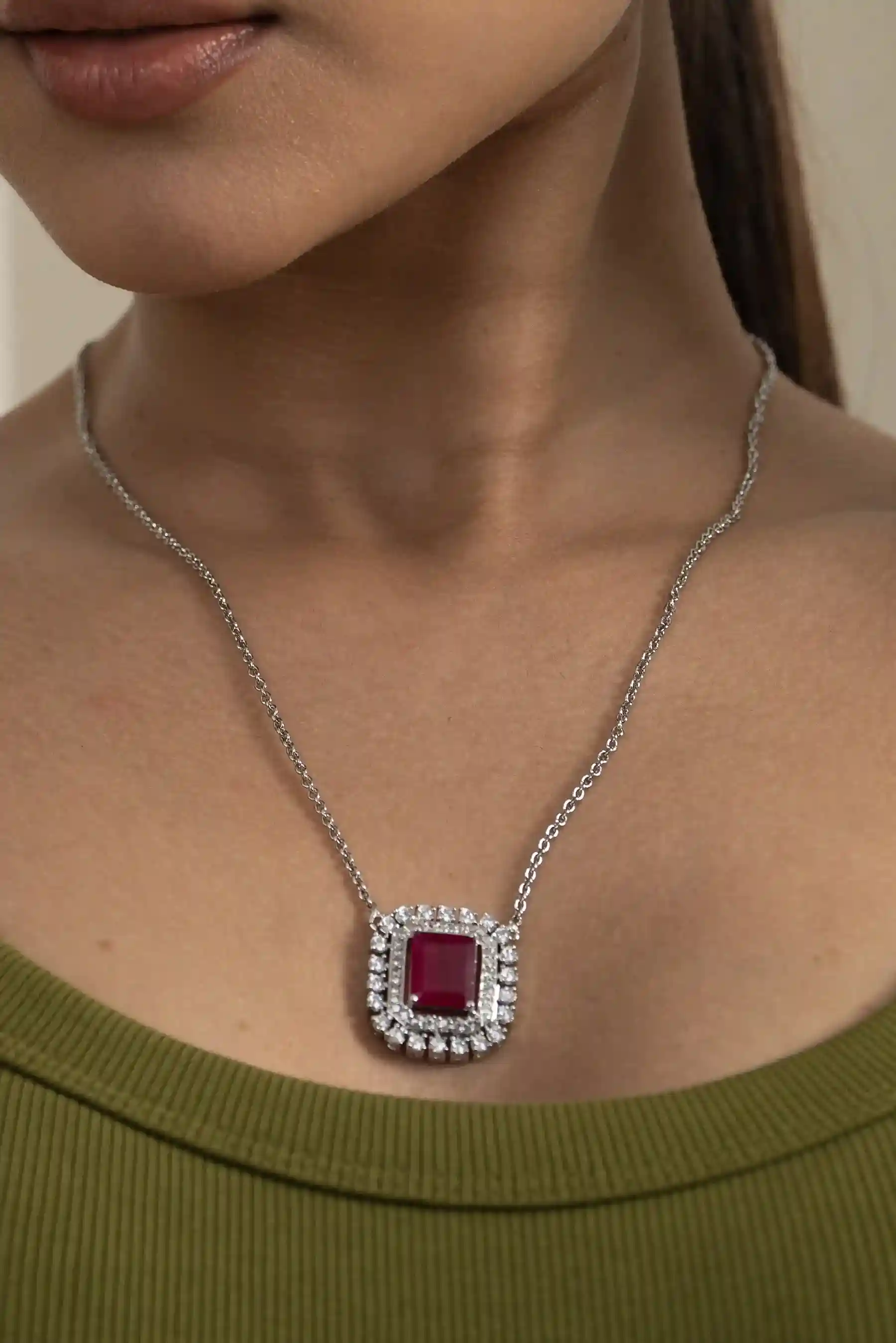 Ruby Cushion Halo Necklace Set - Image 2