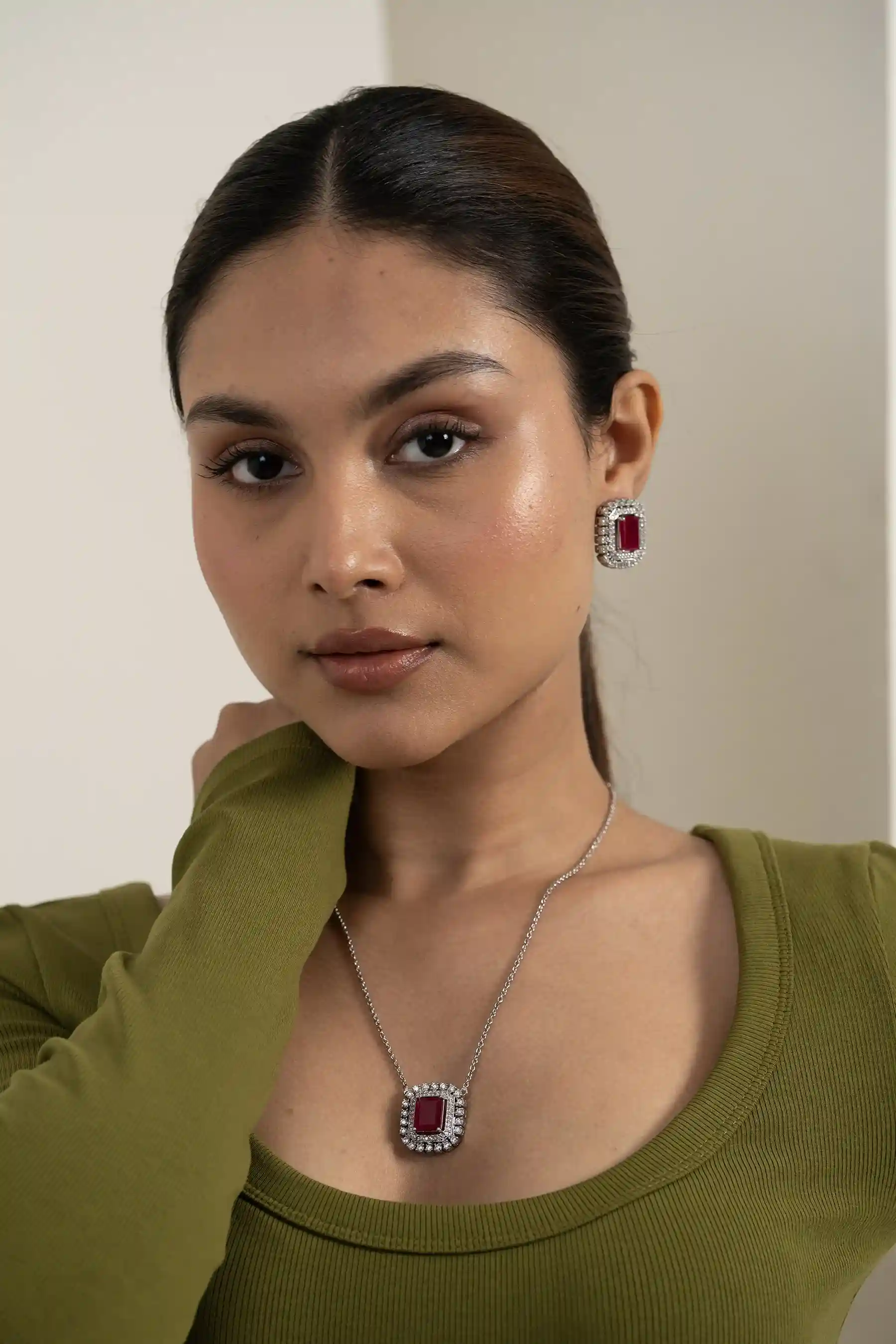 Ruby Cushion Halo Necklace Set - Image 4