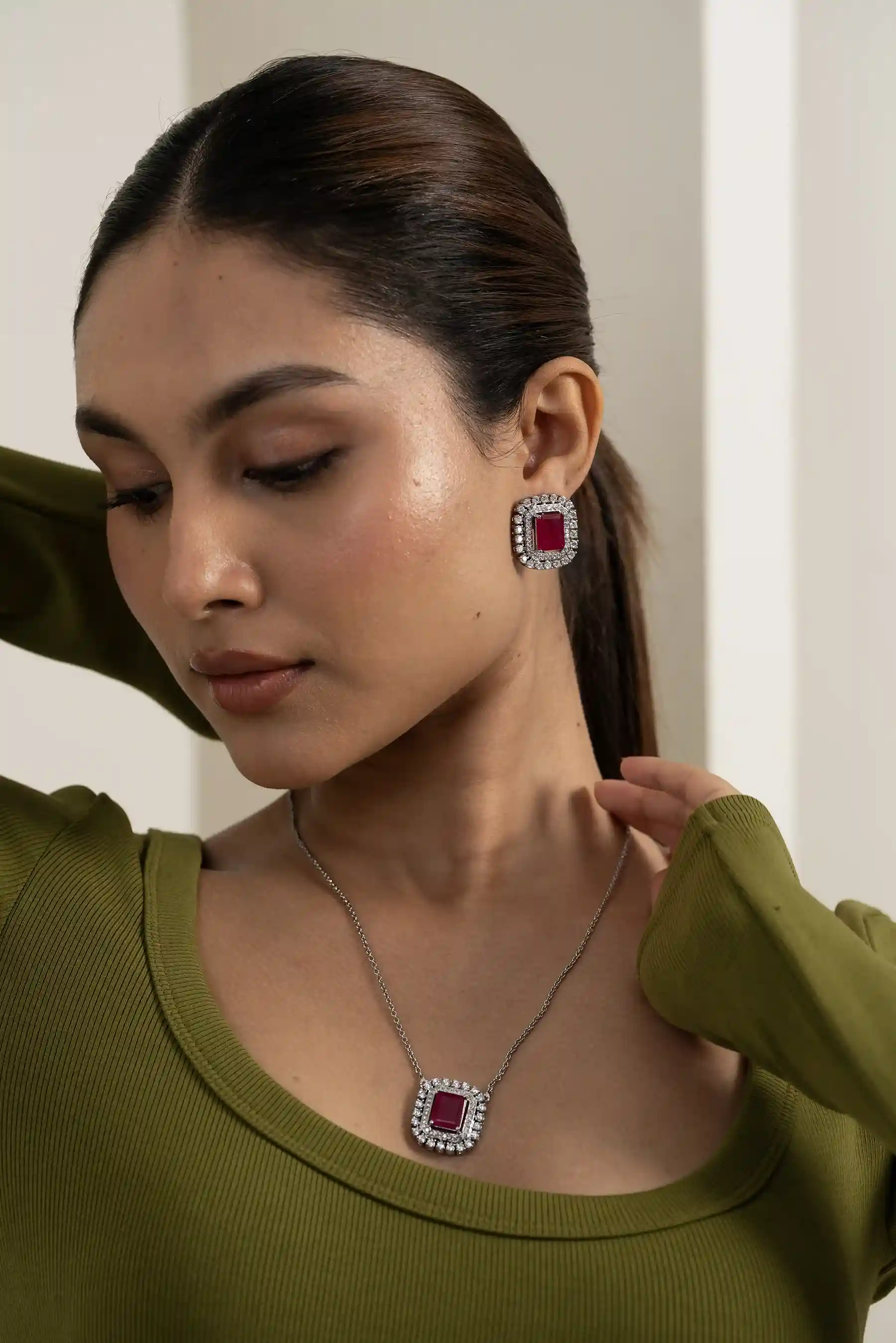 Ruby Cushion Halo Necklace Set - Image 6