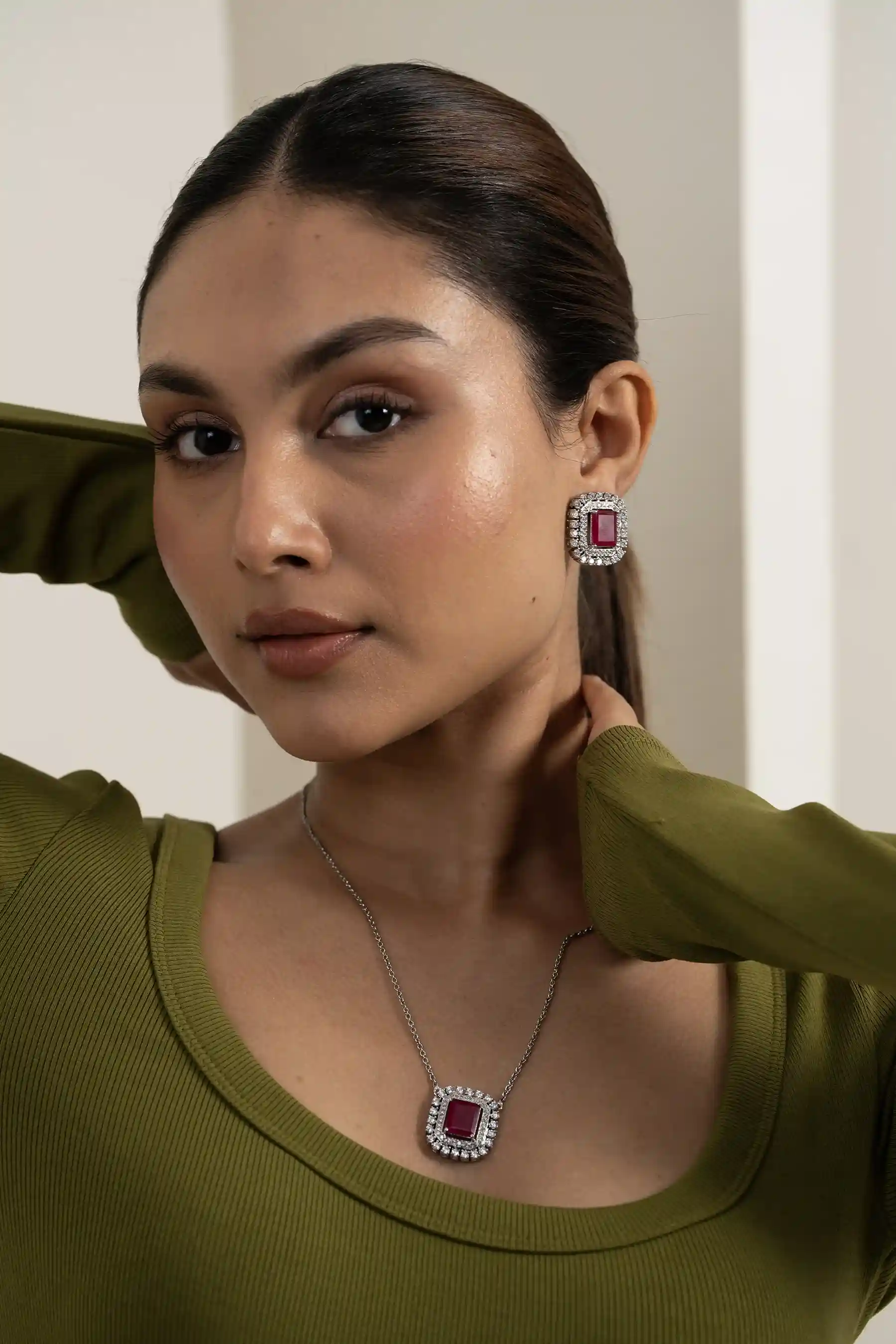 Ruby Cushion Halo Necklace Set - Image 7
