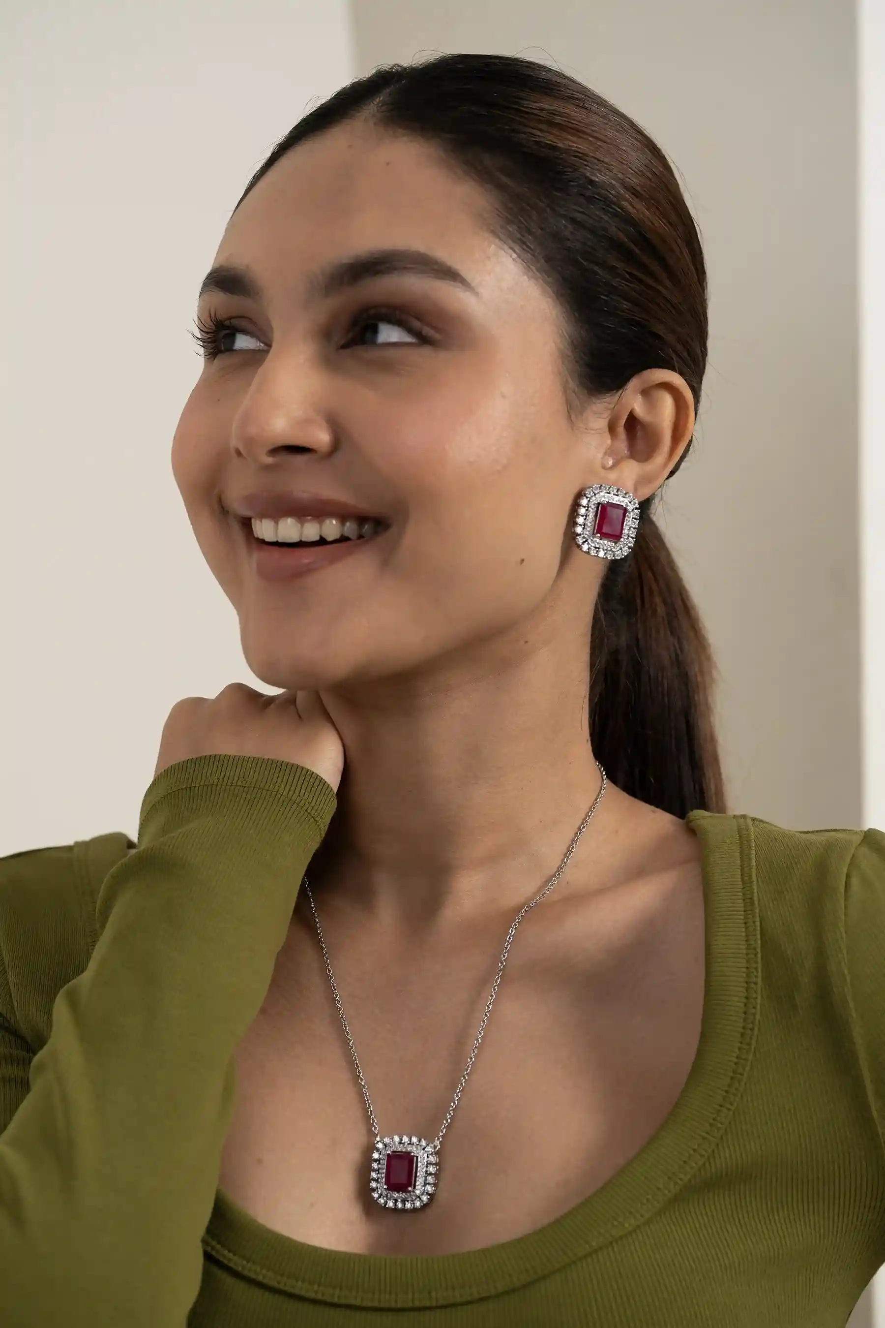 Ruby Cushion Halo Necklace Set - Image 8