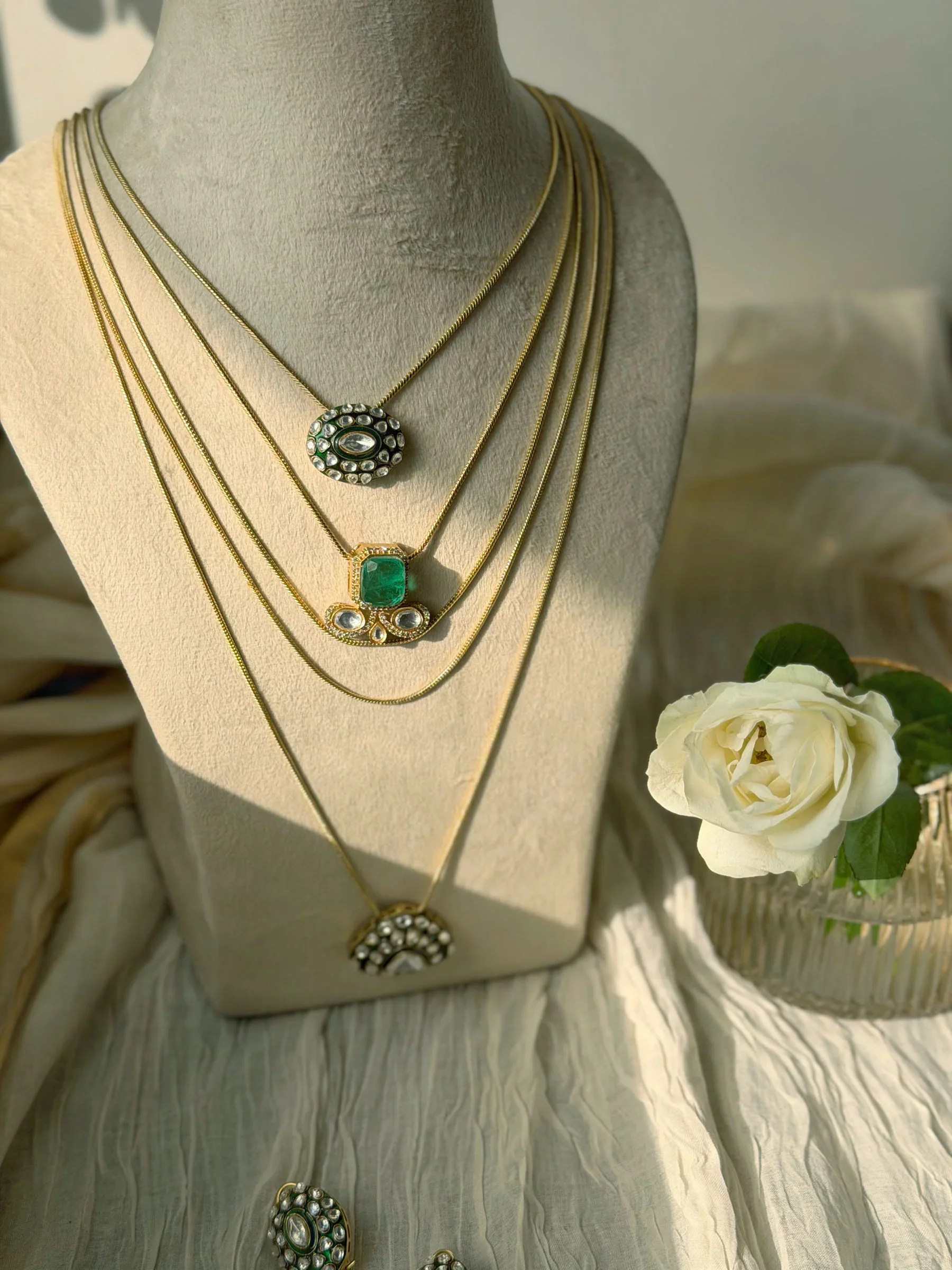 Sajni Multi-layer Polki Necklace Set With Emerald Detail - Image 3
