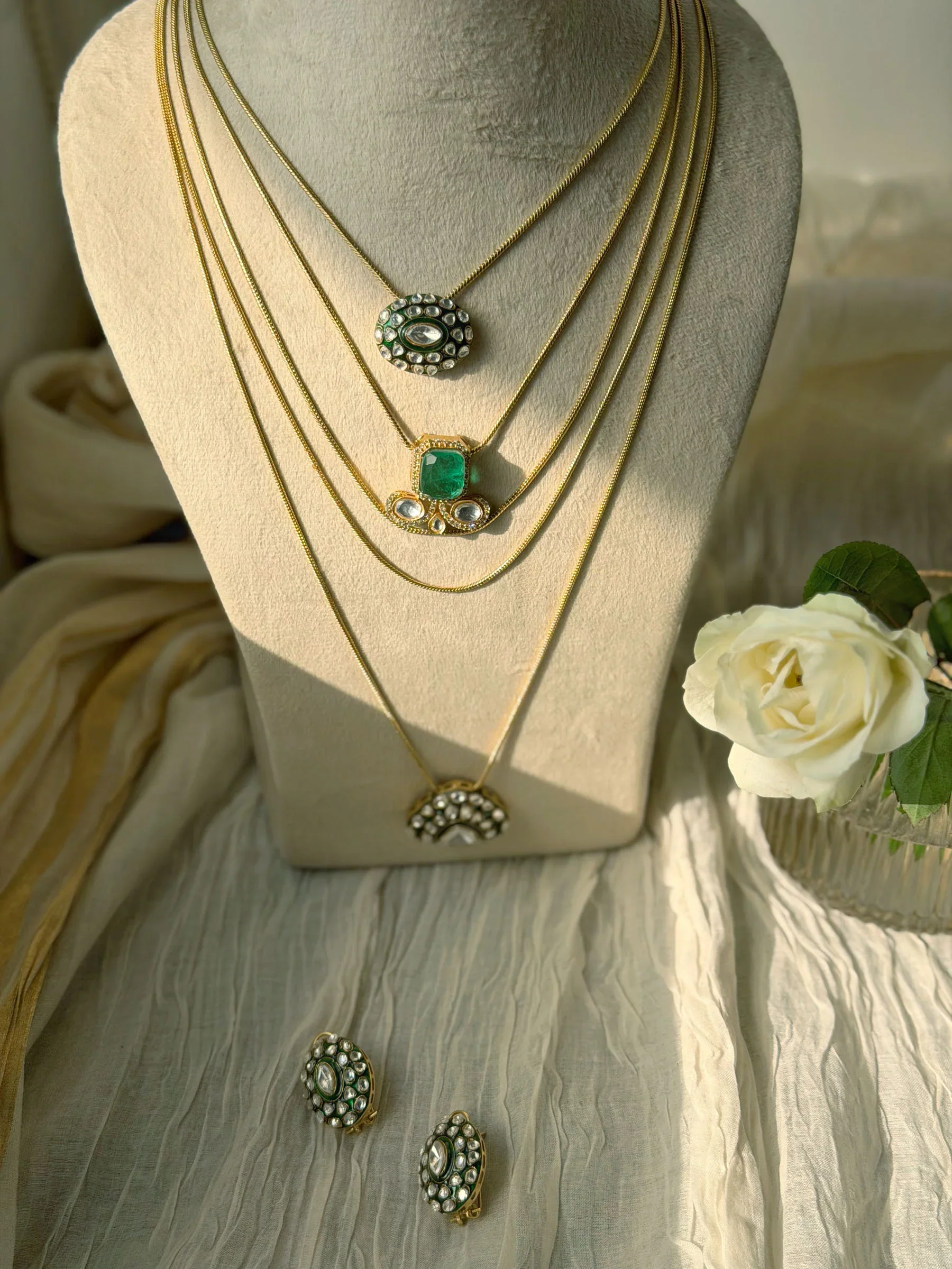 Sajni Multi-layer Polki Necklace Set With Emerald Detail - Image 4