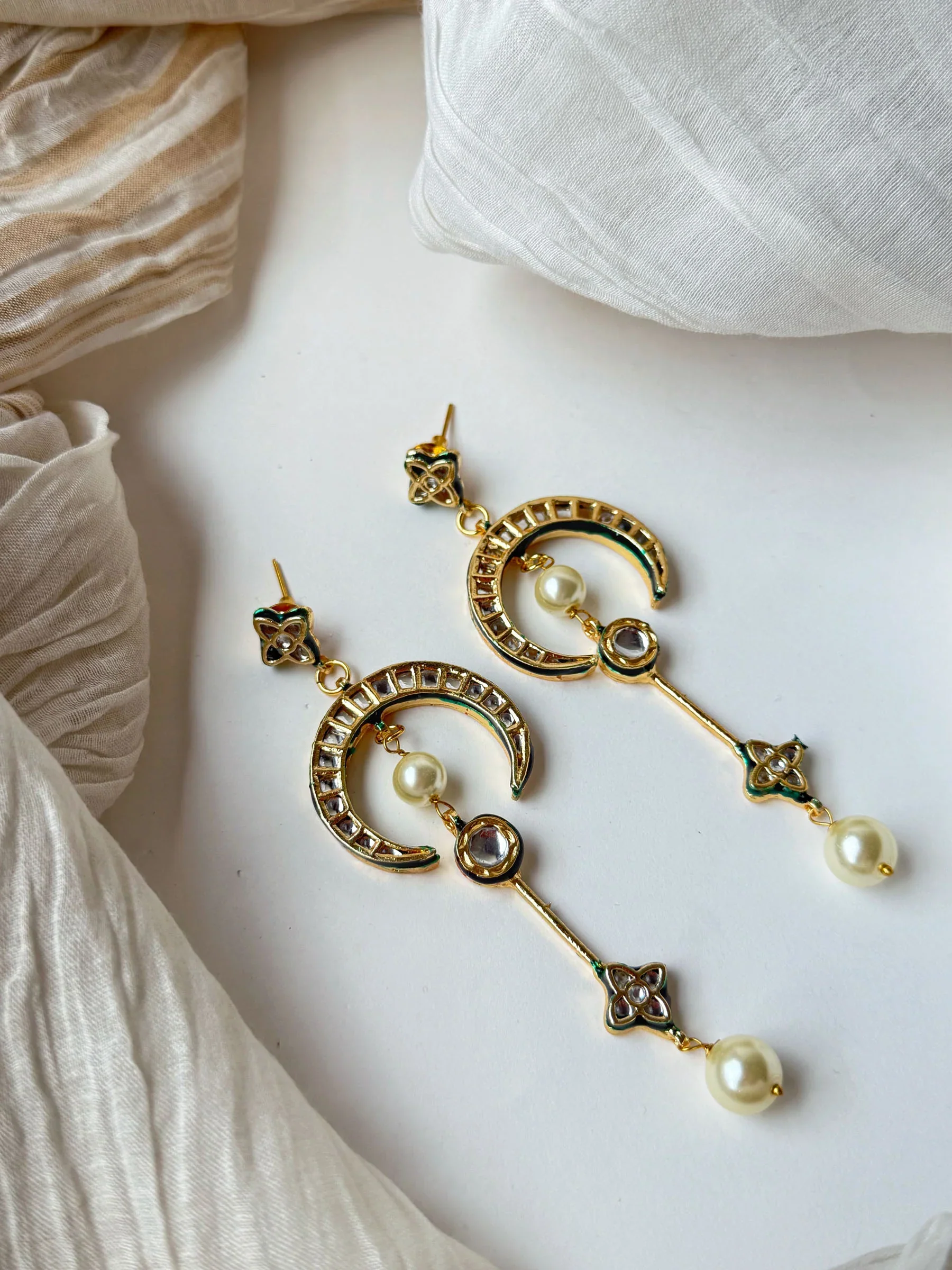 Saloni Golden Crescent Moti Chain Earrings - Image 3